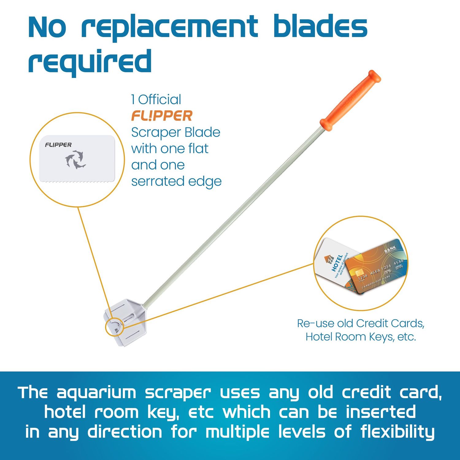 FL!PPER Flipper Platinum Aquarium Algae Scraper - Aquarium Glass Cleaner Tool with Serrated Blade - Algae Scraper for Glass Aquariums - Fish Tank Scraper for Glass and Acrylic Tanks - 28” Rigid Shaft