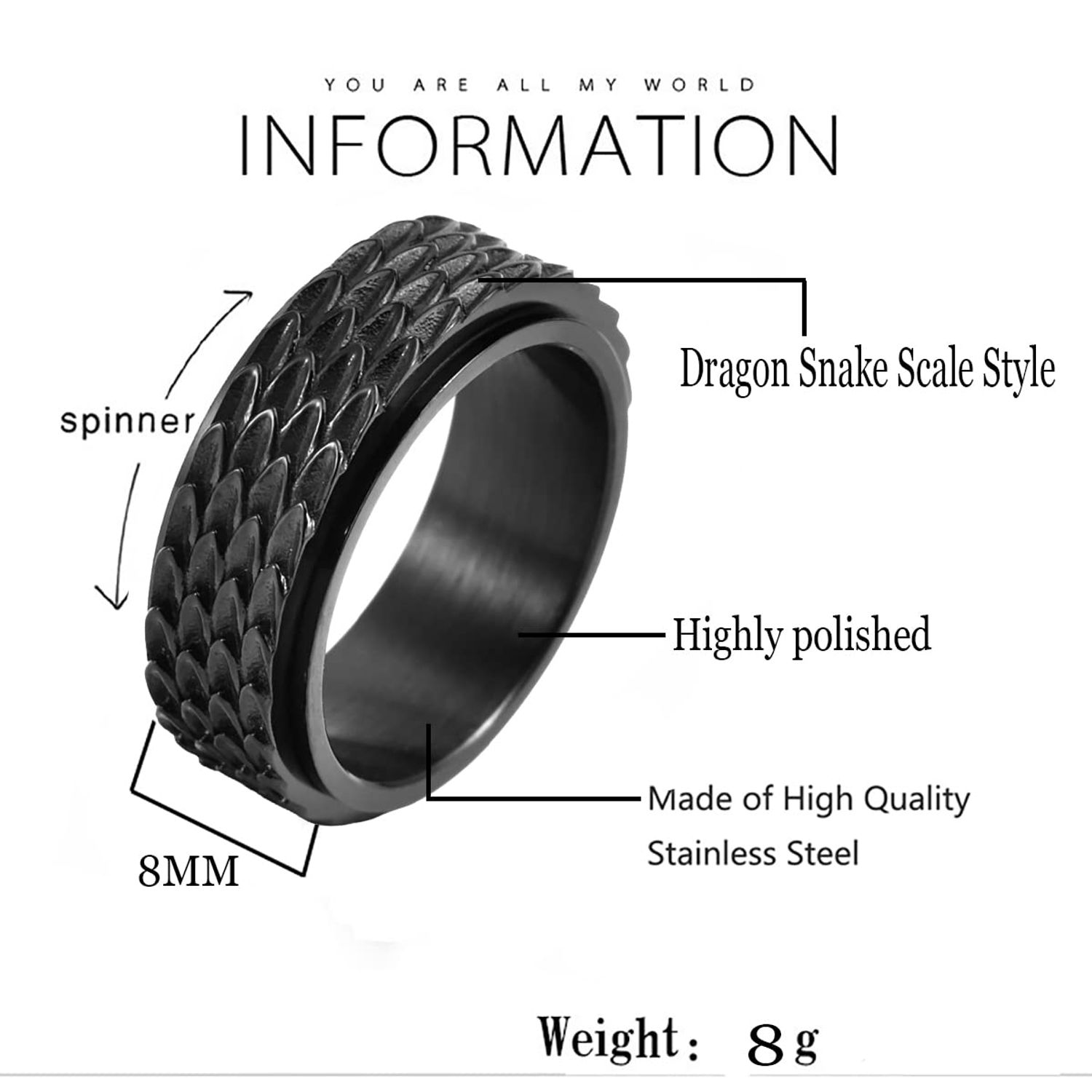 Nanafast Dragon Scale Anxiety Ring for Men Cool Stainless Steel Snake Dragon Scales Spinner Rings Fidget Ring Mens Ring Gift-Black-9
