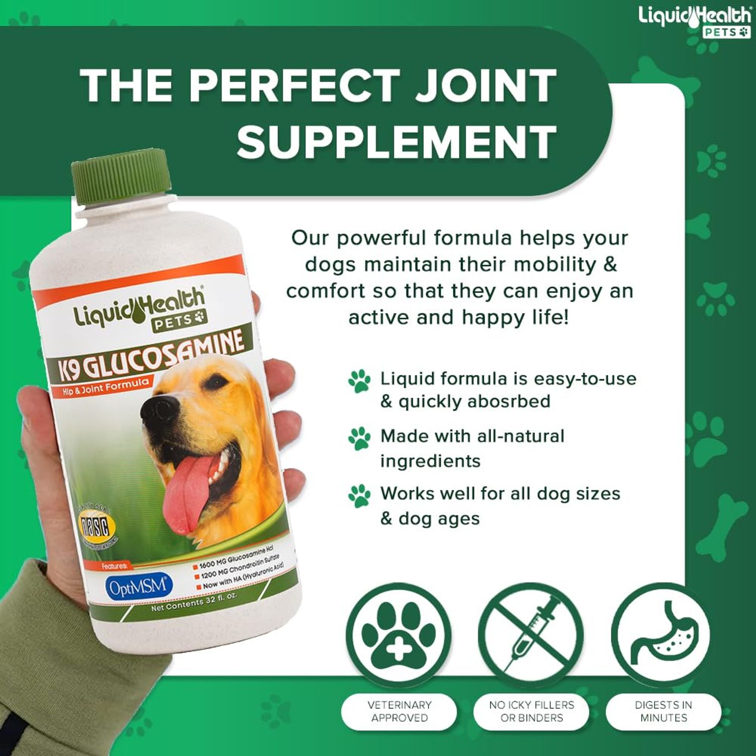 LIQUIDHEALTH 32 Oz K9 Liquid Glucosamine for Dogs, Puppies and Senior Canines - Chondroitin, MSM, Hyaluronic Acid – Joint Health, Dog Vitamins Hip Joint Juice, Dog Joint Oil