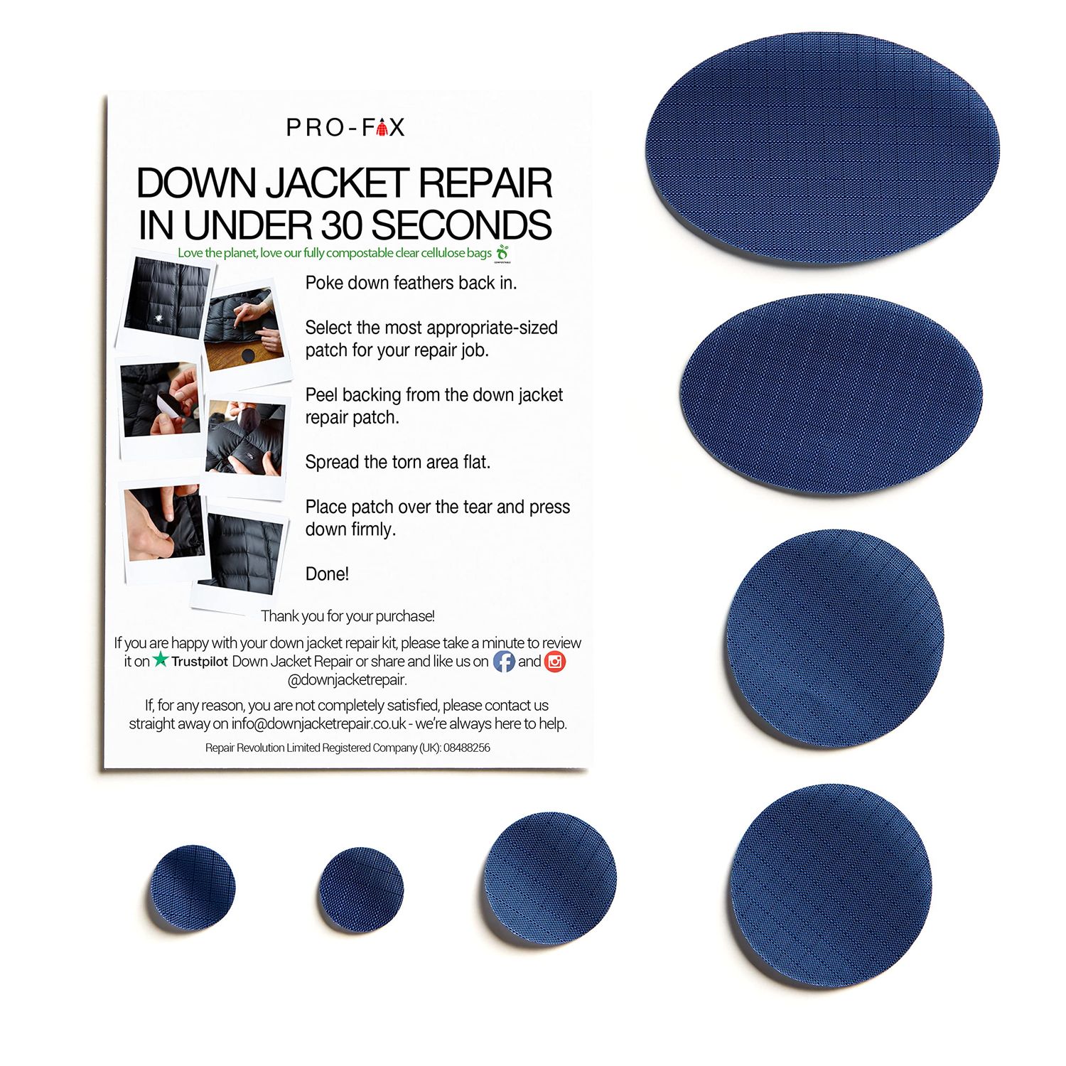 Pro-Fix Down Jacket Repair Patches - Easy to Use, Pre-Cut, Self-Adhesive, Waterproof, Tear-Resistant Rip-Stop Nylon Fabric for Jackets & Clothing - Dark Blue