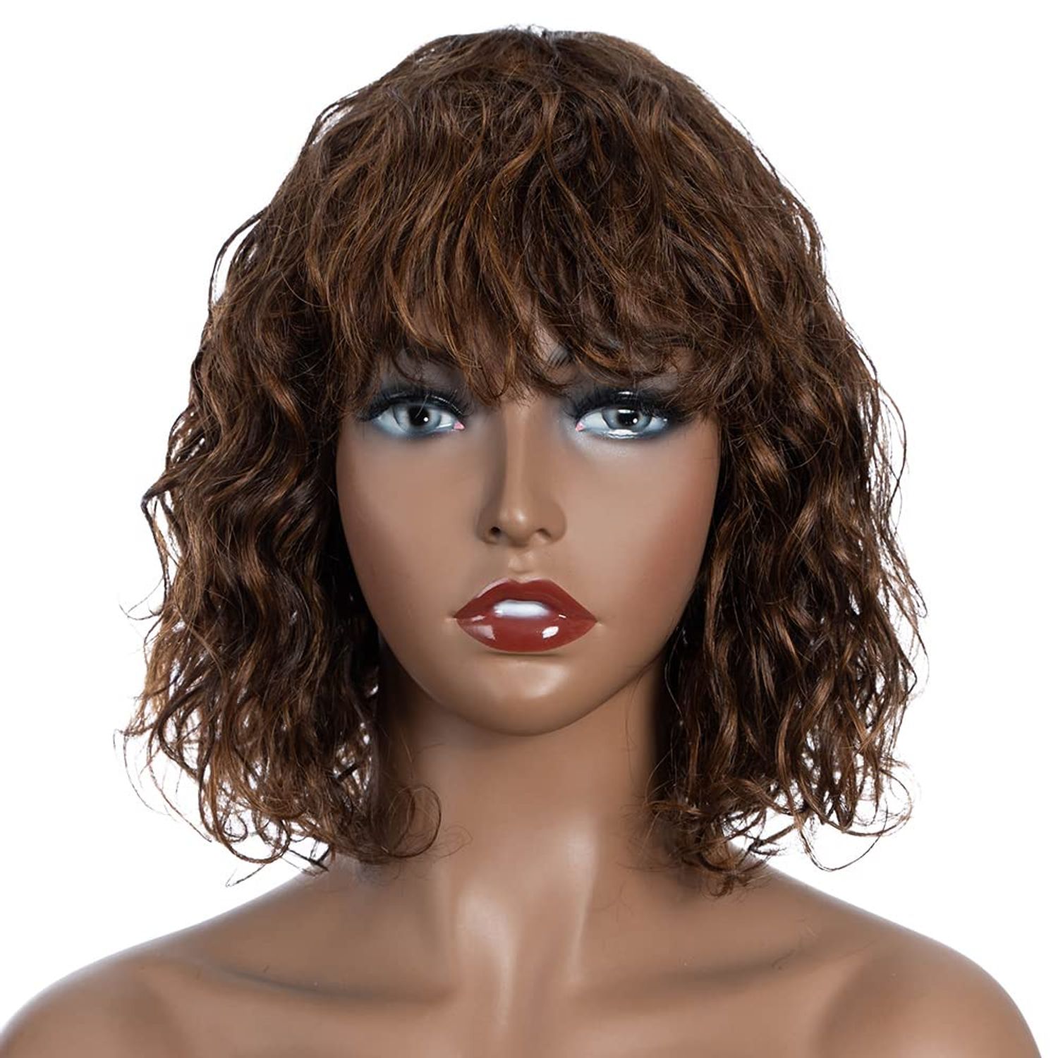 FASHION IDOL Bob Curly Human Hair Wig with Bangs for Black Women 10" Deep Wave Brazilian Virgin Human Hair Short Brown Water Wave Wig 150% Density
