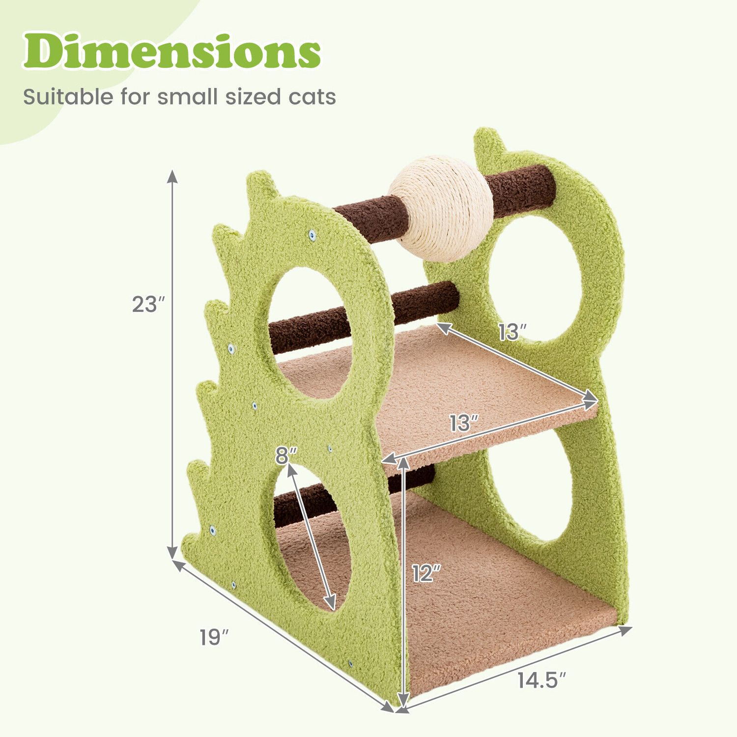 2-Tier Dinosaur Cat Tree Tower w/ Rotating Scratching Sisal Ball Climbing Rods