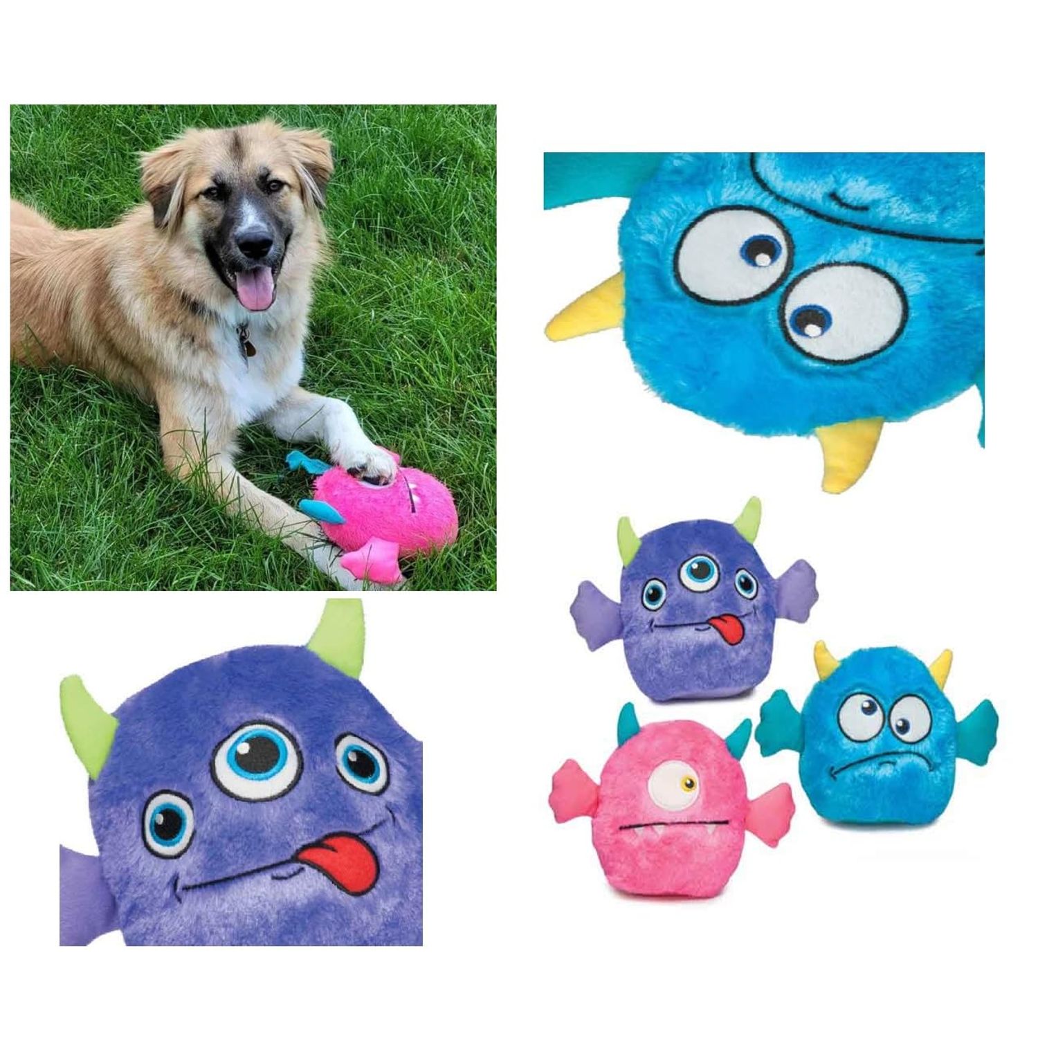 PUREPET Rock Monster 7" Dog Toys Soft Ball Shape Plush Squeaker Silly Faces 7" Choose Color or Set (Purple)