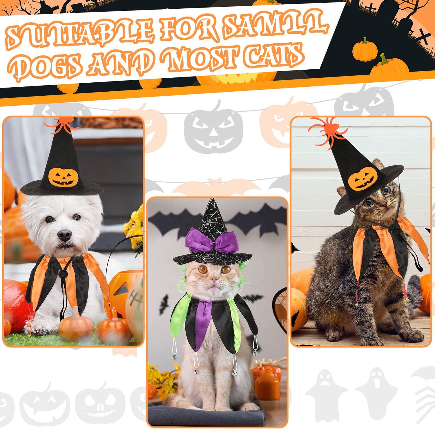 4 Pcs Halloween Cat Witch Costumes Witch Cat Hats and Collars with Bells Funny Wizard Costumes Cat Halloween Apparel Accessories for Small Dogs and Cats Halloween Party Cosplay Decorations Supplies