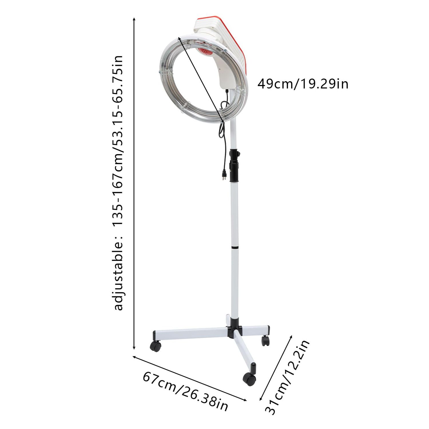 Professional Adjustable Hooded Stand-Up Hair Bonnet Dryer with Swivel Caster Rolling Base for Beauty Salon or Home Use 360 Degree Rotation Compatible White