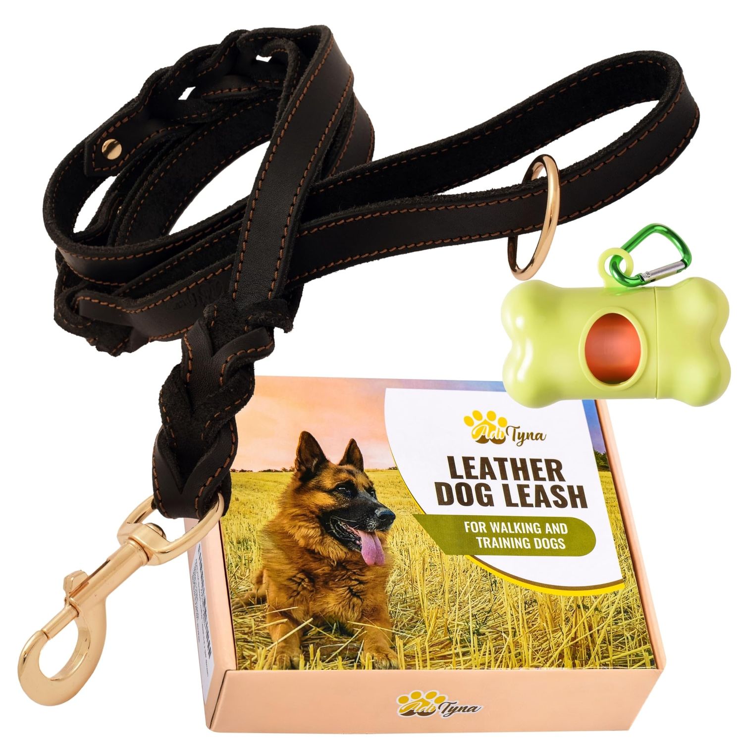ADITYNA - Double Handle Leather Dog Leash 6ft - Heavy Duty Braided Dog Leash with Traffic Handle - Dog Lead for Training and Walking Medium Dogs (Two Handles 6 Foot x 3/4", Black)