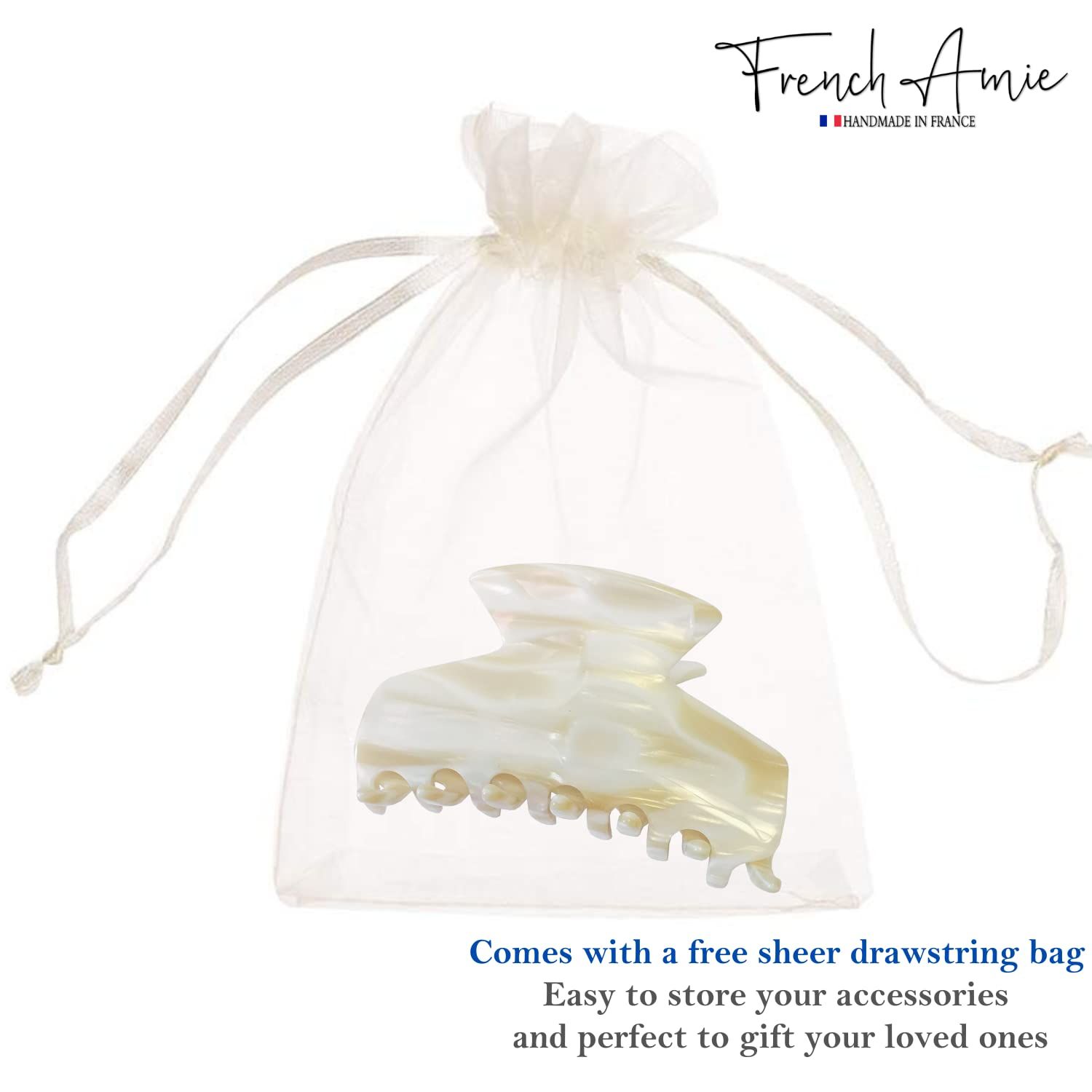 French Amie Chic Ivory Handmade Celluloid Large 3" Jaw Hair Claw Clip Clamp Clutcher Fashion Durable and Styling Hair Accessories for Women Strong Hold No Slip Grip, Made in France