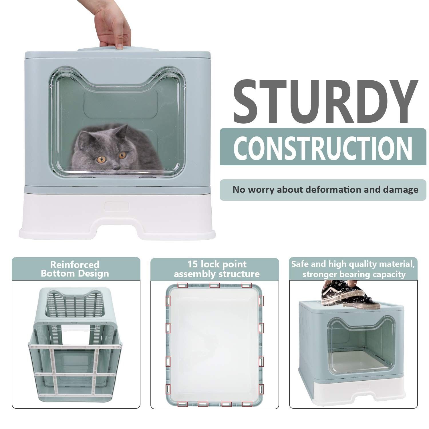 Foldable Cat Litter Box w/ Lid Enclosed Cat Potty Top Entry Anti-Splashing Blue