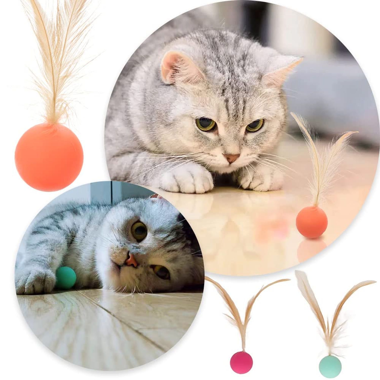 YANCAIYUNL 3 Pcs Cat Toy Balls Bite Resistant Cat Toys Bouncy Balls with Feathers High Rebound Pet Interactive Kitten Toys for Cats Indoor and Outdoor Play Interaction