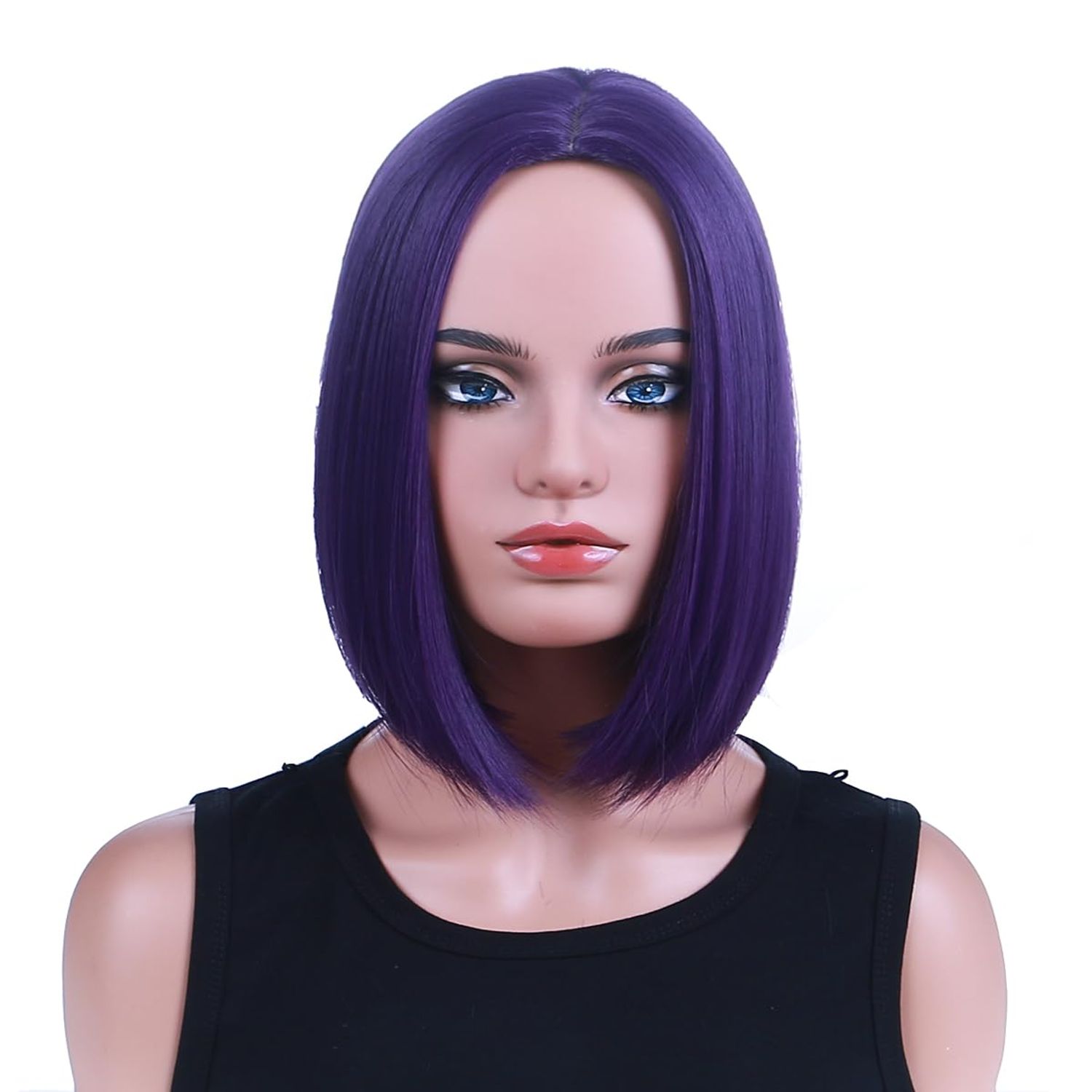 PATTNIUM Dark Purple Bob Wig for Women Short Straight Purple Wig with Bangs Short Purple Bob Hair Wigs Heat Resistant Synthetic Wig with Wig Cap