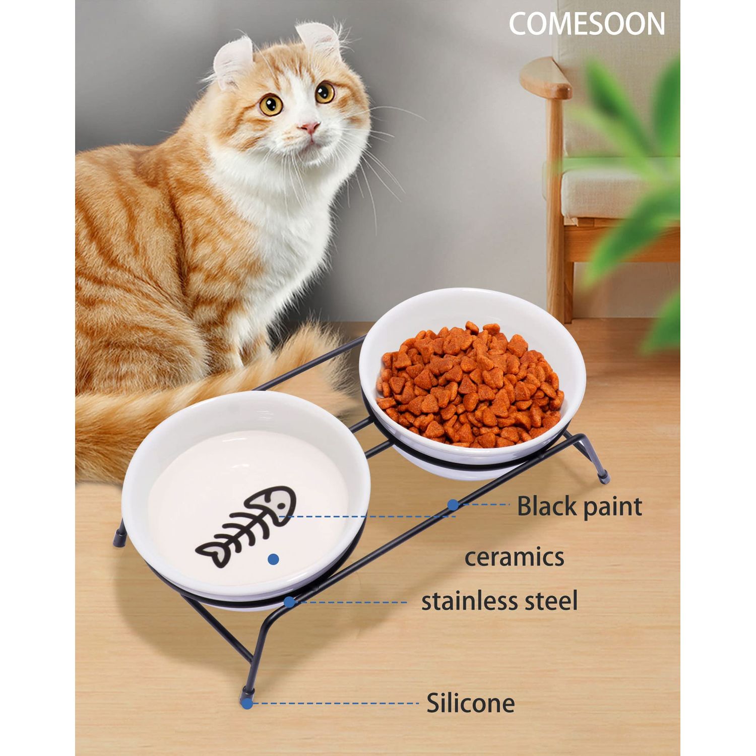 Cat Bowls, Upgraded 13 oz Ceramic Elevated Cat Food Bowls for Food and Water, Raised 2 Cat Dishes with Stainless Steel Stand Non-Slip and Anti-Rust, for Indoor Cats and Small Dog Bowl, Dishwasher Safe