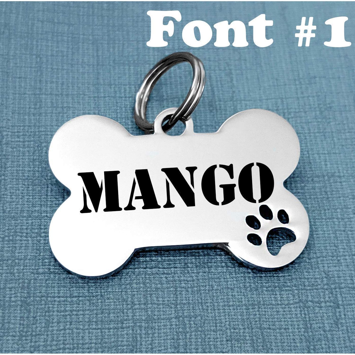 Pet ID Tags, Personalized Engraved Stainless Steel Pet Tag, Bone Shape, 3 Fonts, Paw Cutout, Cat Tag Dog Tag, Back Engraved INCLUDED