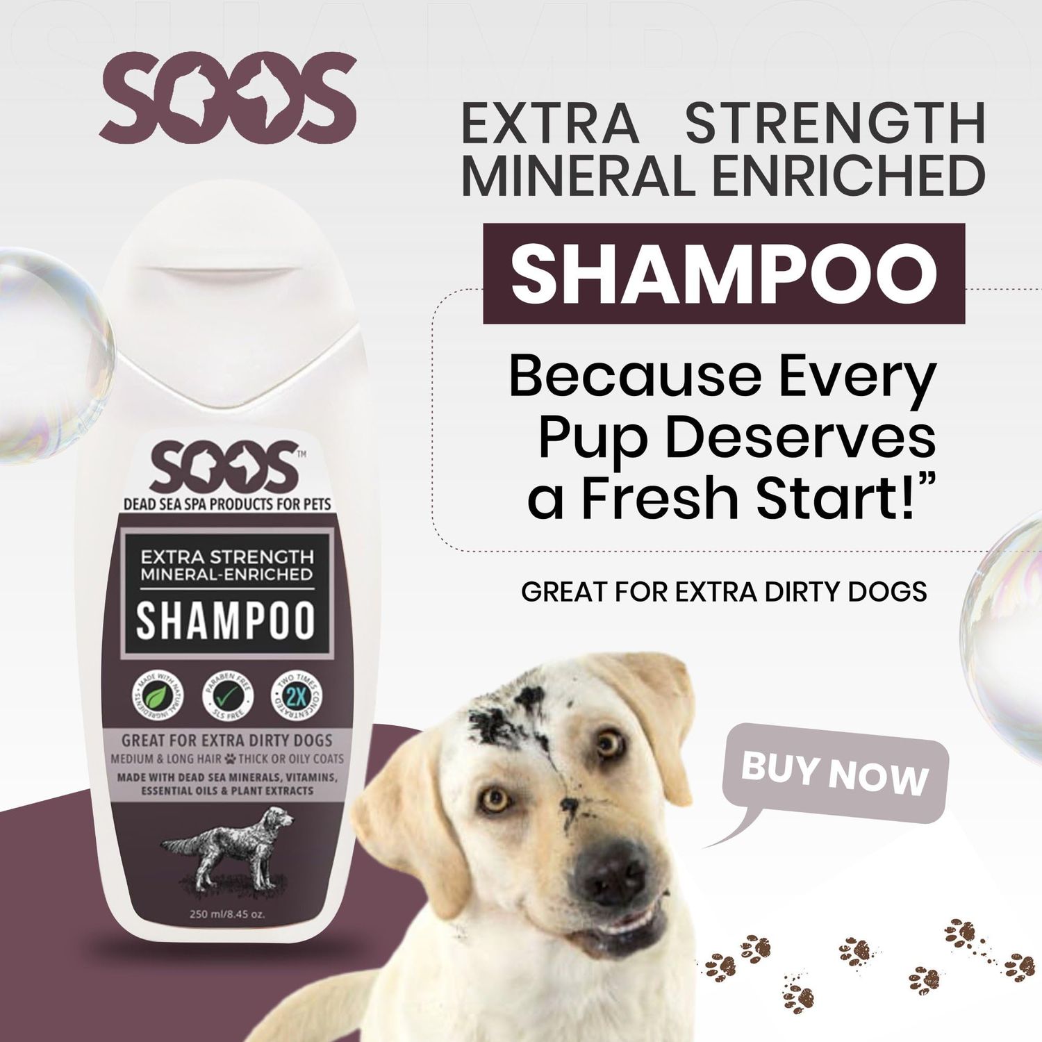 Soos Pets Shampoo Extra Strength for Cat and Dog Shampoo Natural Dead Sea Mineral Enriched Fast Absorbing with Vitamins Essential Oils Natural Ingredients Antib-acterial - 1x 250ml