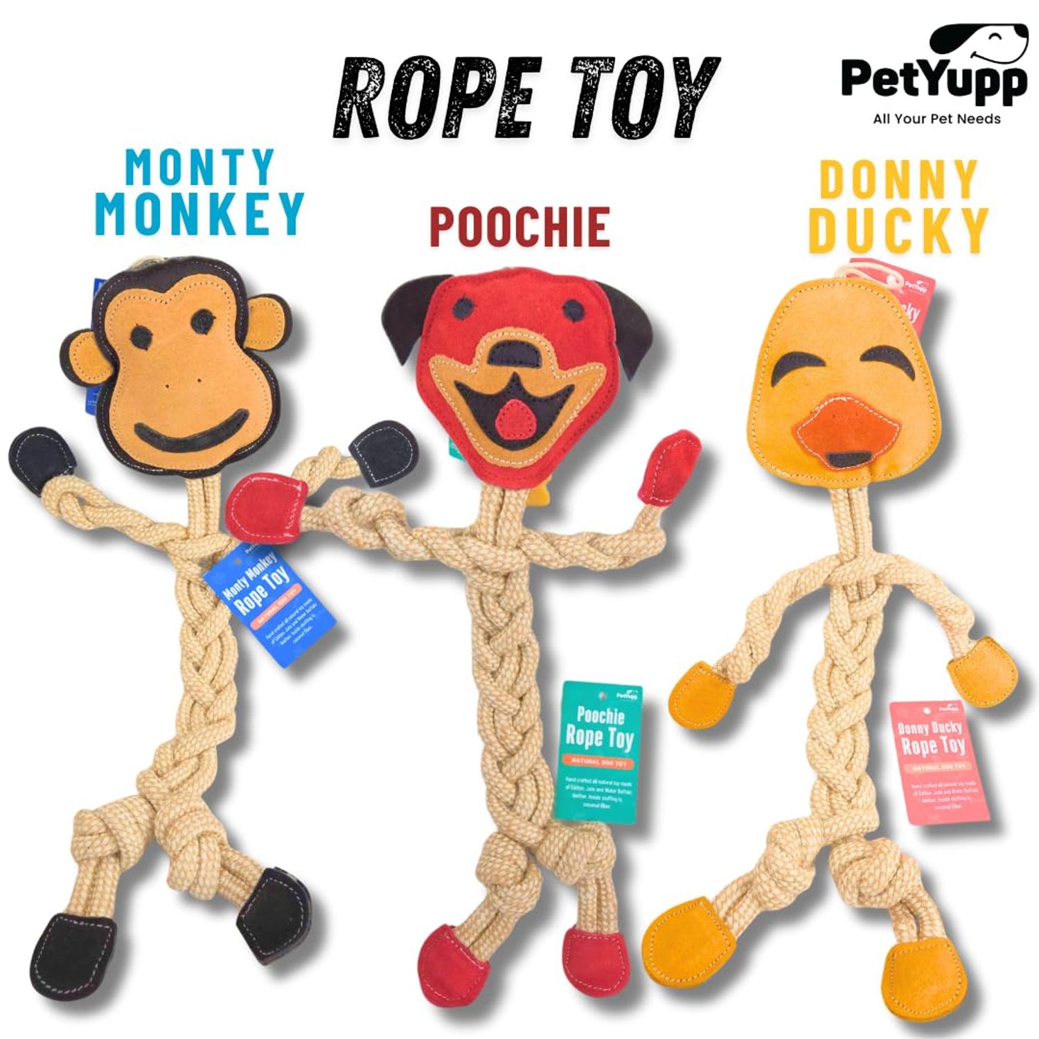 PetYupp Natural Cotton & Jute with Genuine Leather Rope Dog Chew Toy - 16" Long - Interactive Dog Toy for Teething Puppies, Small, & Medium Size Dogs, Promote Dental Health (Monty Monkey)