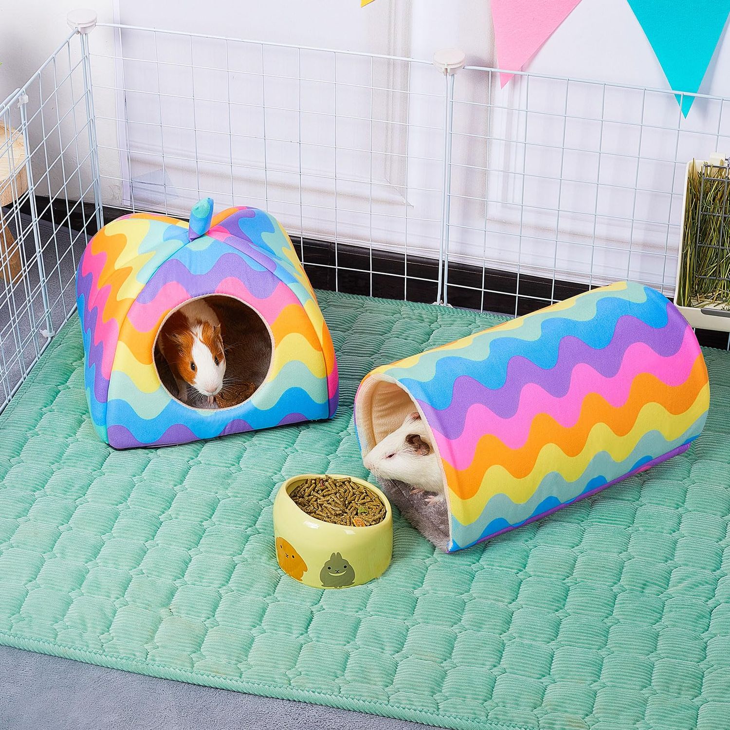 Guinea Pig Hideout, Glittme Soft Guinea Pig Bed and Tunnel, 2 Pack Washable Guinea Pig Tunnel with House Guinea Pig Accessories for Hamster, Rabbit, Bunny, Small Animal