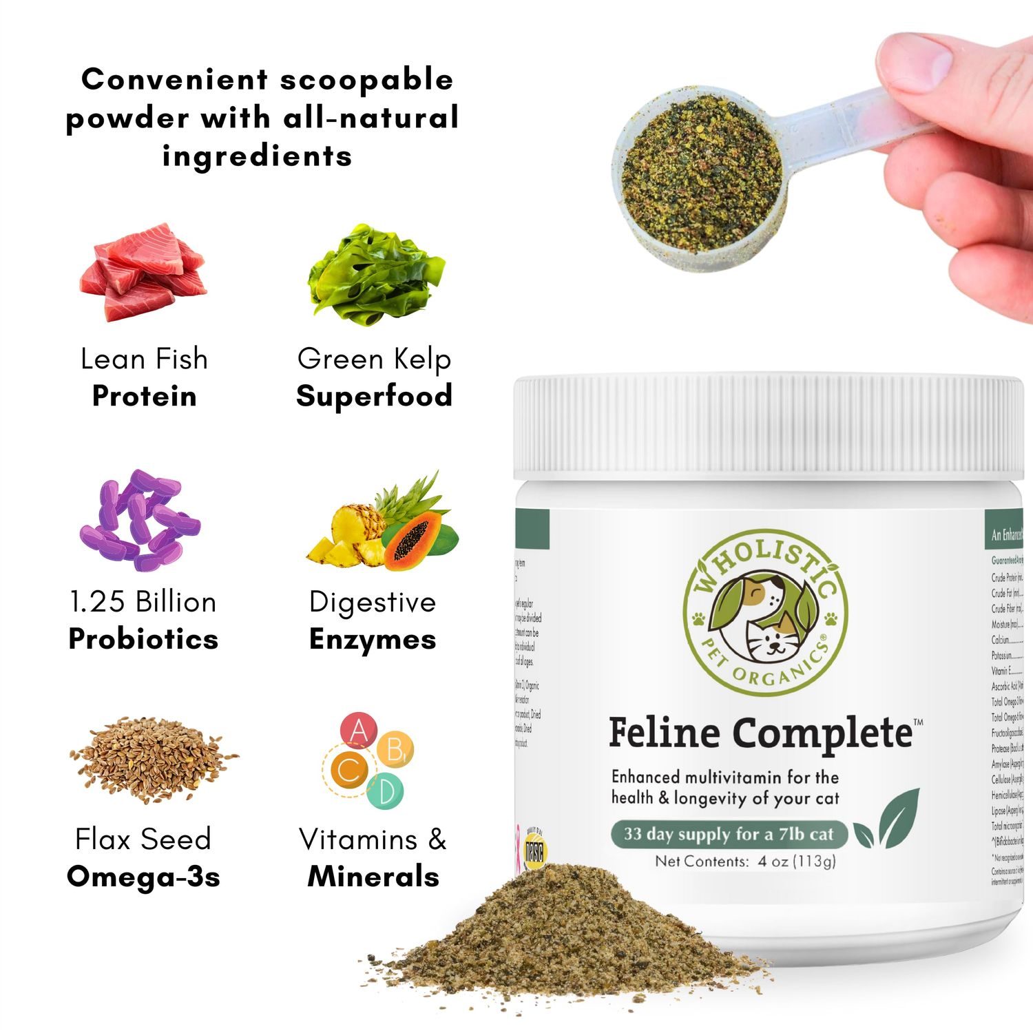 Wholistic Pet Organics Feline Complete - 4 Oz - Multivitamin & Probiotic Powder for Cats - Natural Cat Food & Digestive Support