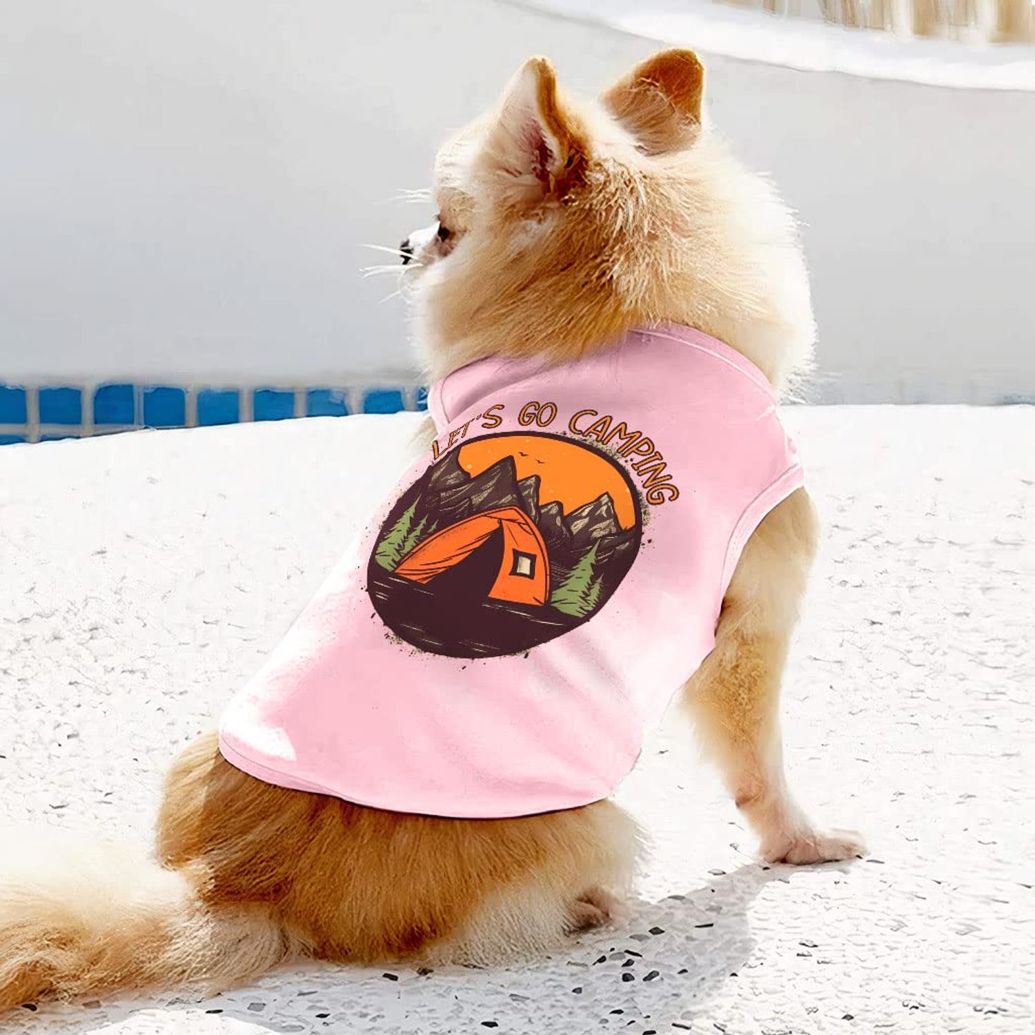 Let's Go Camping Dog Sleeveless Shirt - Tent Dog Shirt - Camping Dog Clothing - Pink, XL