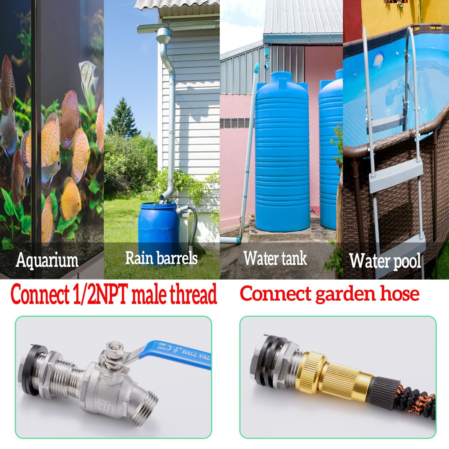 SNUTUYA Bulkhead Fitting With Plugs（304 Stainless steel），lead-free, 1/2" Female NPT, 3/4" Male GHT (garden Hose Thread), for Rain Barrels, Aquariums, Water Tanks, Tubs, Pools, Spigot, Sinks，2 Pack…