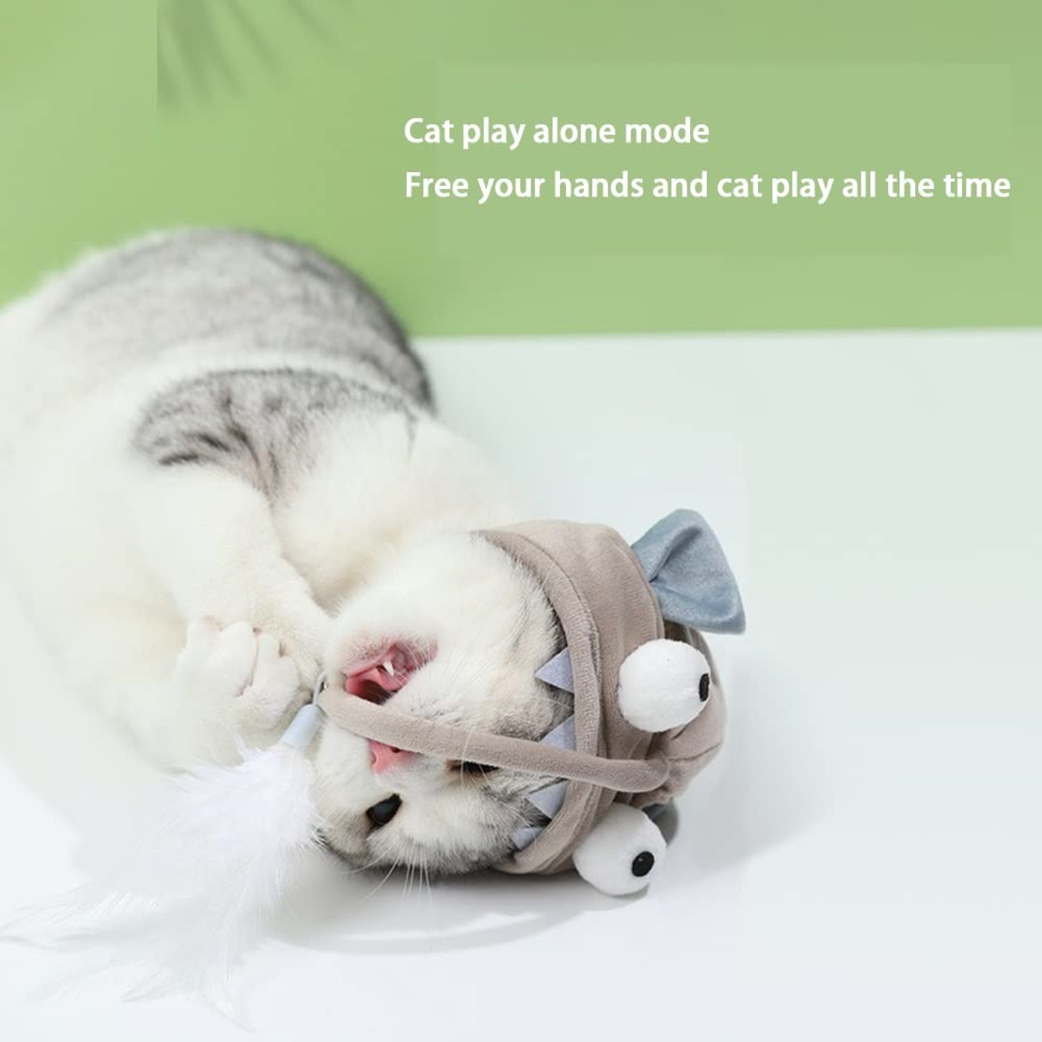 Piowet Head Mounted Cat Headgear Self Service Cat hat Feather Toy Cat Toys Interactive Cat Toys cat Head Adjustable Size (Grey Bigeye Fish)