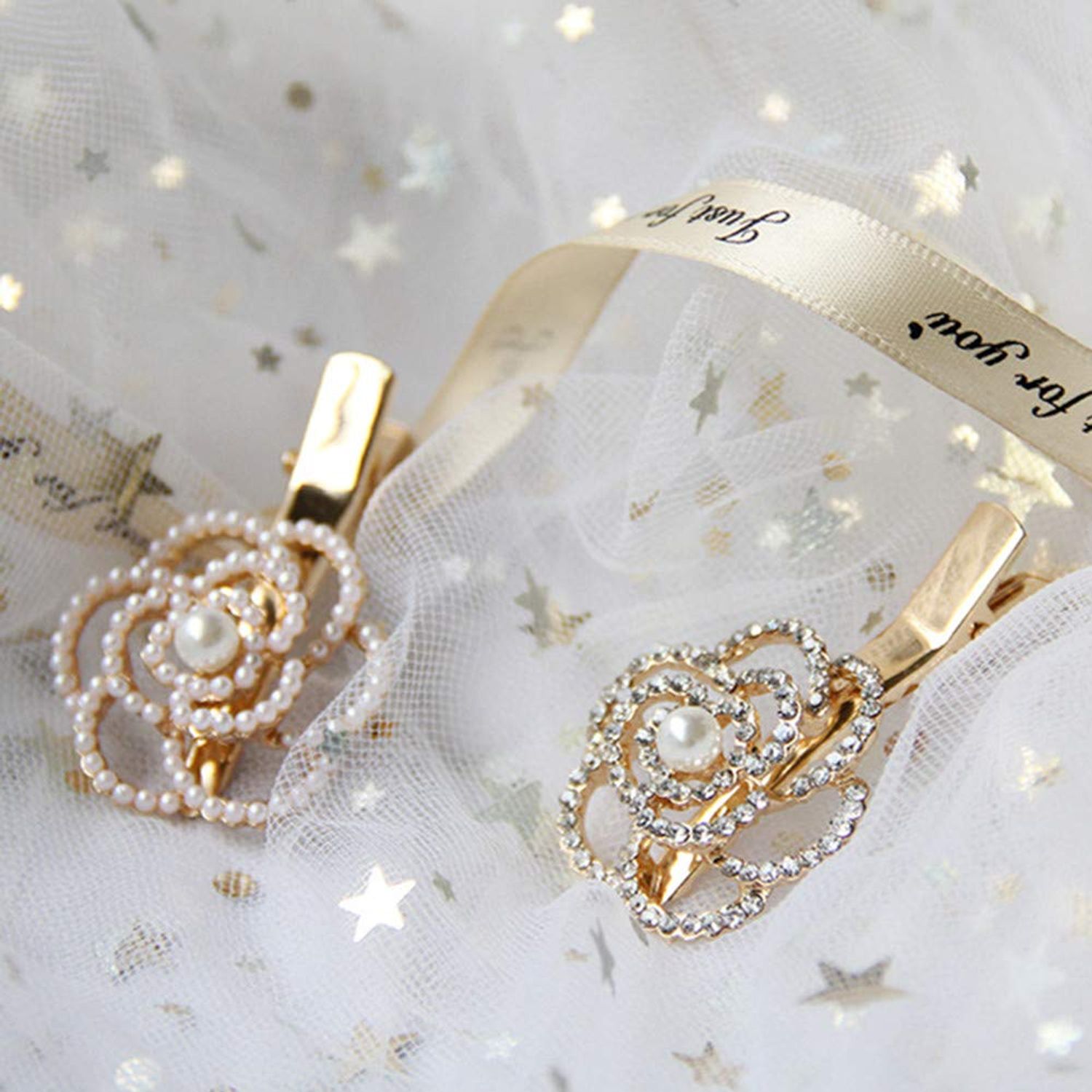 Xiwstar 2Pcs Rhinestone Crystal Pearl Flower Beak Duckbill Alligator Clip Pin Hair Accessories for Women Girls