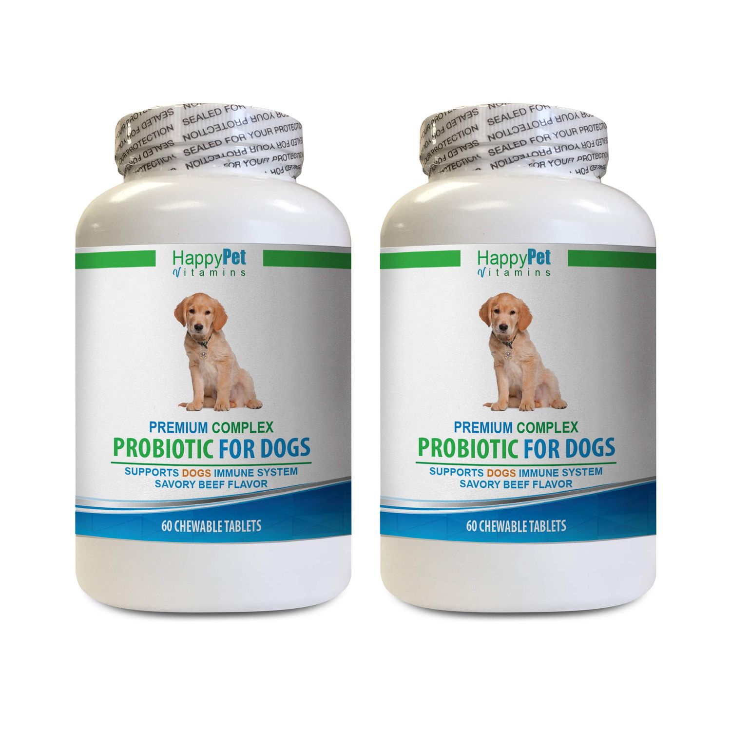 HAPPY PET VITAMINS LLC Dog probiotic Organic - Dog Premium PROBIOTICS - Savory Beef Flavor - Stops Diarrhea Bad Gas Bad Breath - Gut Health - Bad Breath Dogs Home Remedies - 2 Bottles (120 Treats)