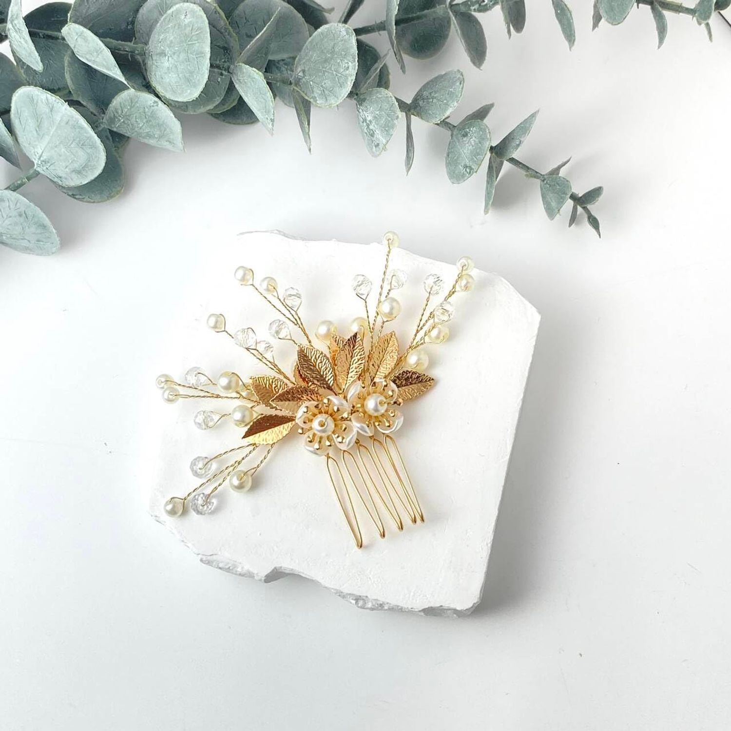 CASOLVX 5 Pieces Gold Leaf Hair Pins Bride Hair Clips Headpiece Flower Pearl Hair Forks Classic Wedding Hair Accessories for Women, Brides and Bridesmaids