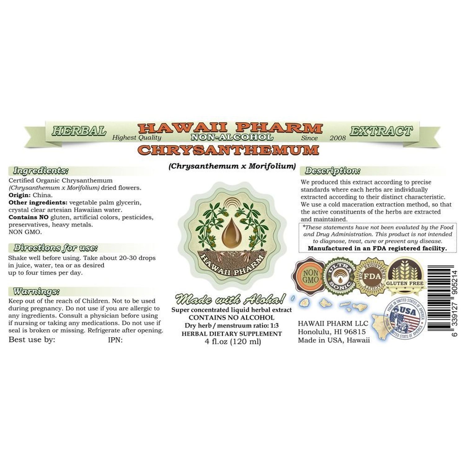 Hawaii Pharm Chrysanthemum Alcohol-Free Liquid Extract, Organic Chrysanthemum (Chrysanthemum x morifolium) Dried Flower Glycerite Natural Herbal Supplement 32 oz Unfiltered