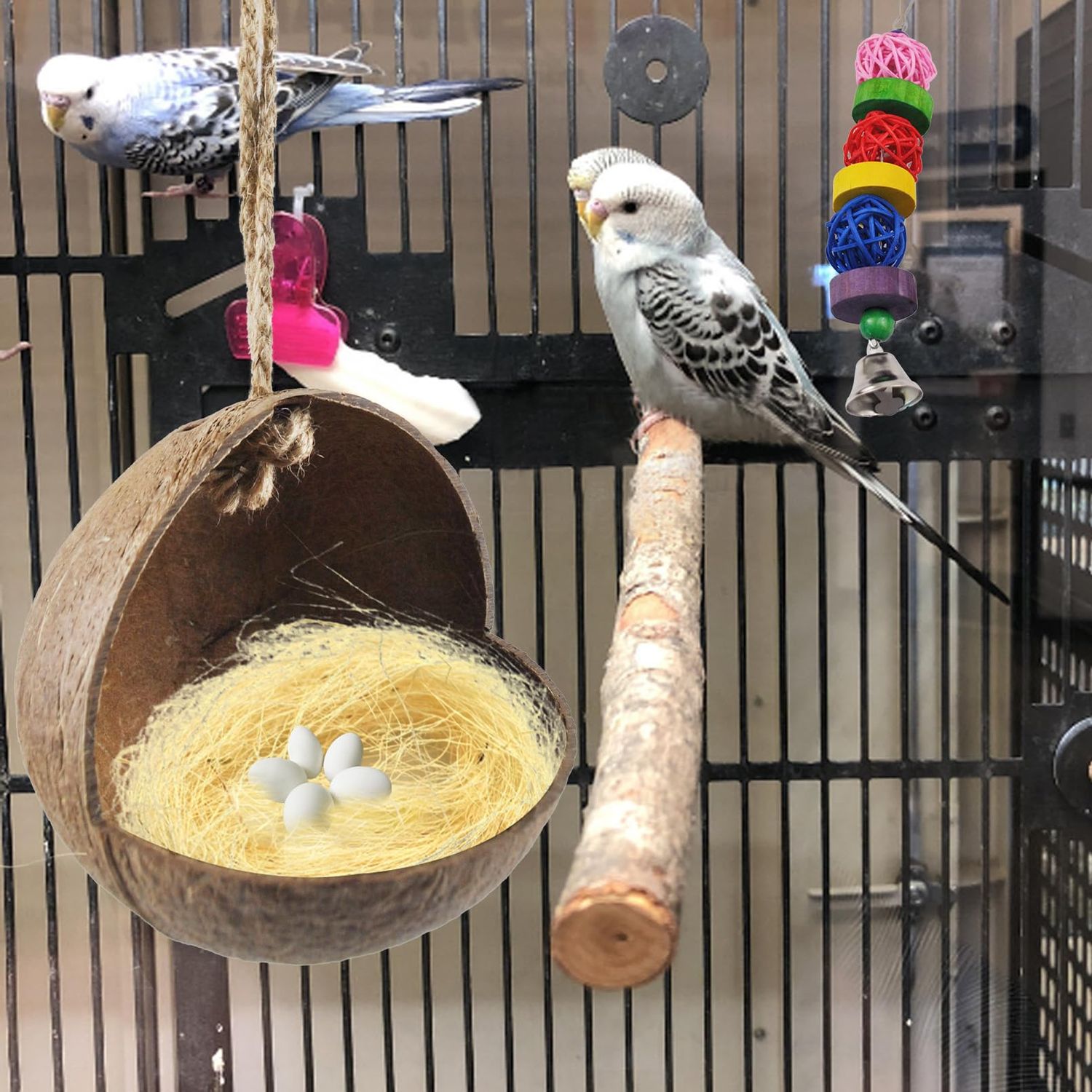 MUYG Natural Coconut Bird Nest,Hanging Coco Birds House Habitats Decor,Parrots Coconut Shell Nest Hideout with Grinding Beak Toys,Bird Cage Accessories Coconut for Canary Lovebird Cockatiel