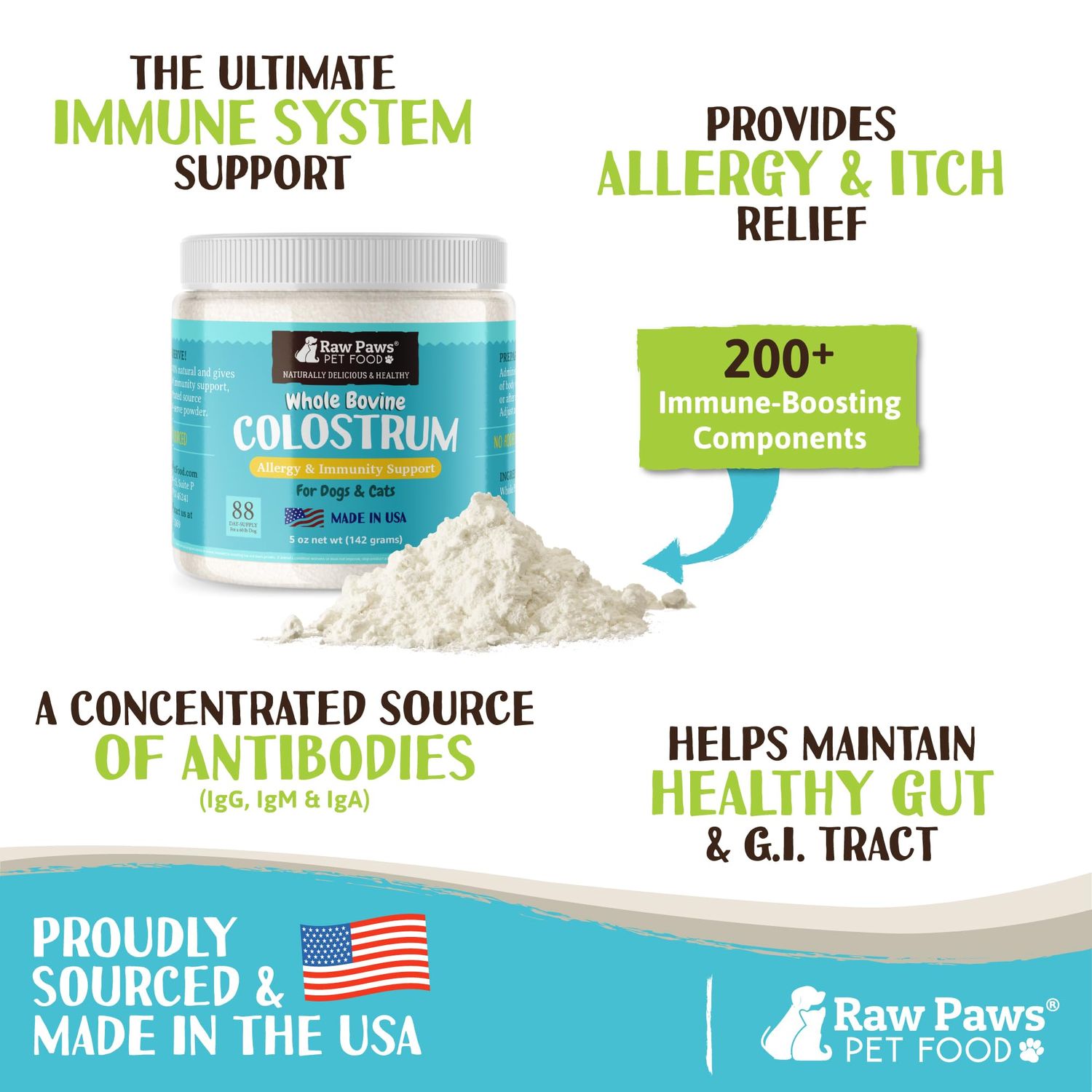 Raw Paws Pet Bovine Colostrum for Dogs Allergies & Immune Support, 5-oz - Made in USA - Colostrum for Cats - Senior Dog Supplements - Itchy Skin Treatment - All Ages, Sizes & Breeds