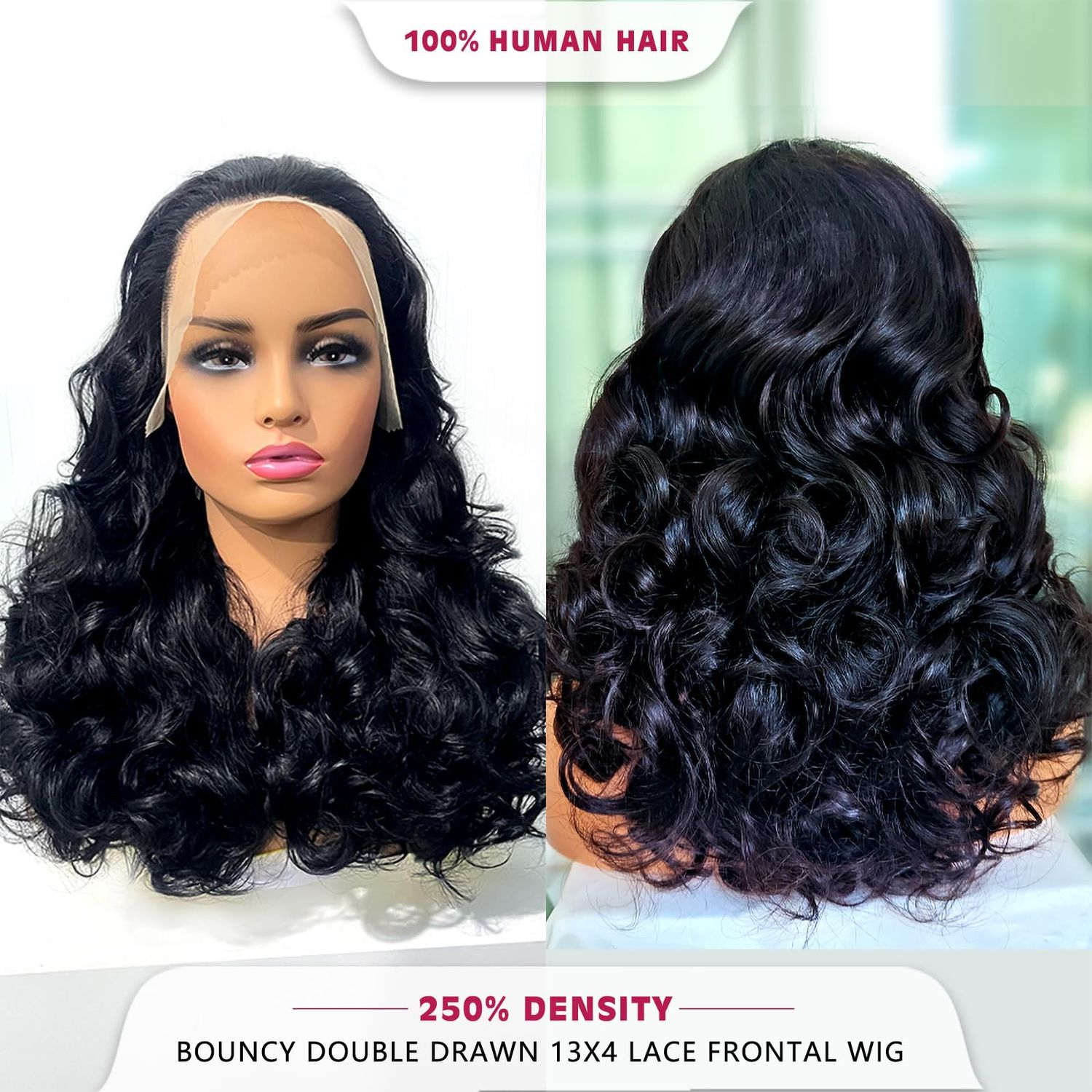 13x4 Loose Body Wave Lace Front Wigs Human Hair Pre Plucked with Baby Hair Bouncy Curly Wig 250% Density Double Drawn Glueless Brazilian Human Hair Wigs for Black Women 20 Inch Natural Black