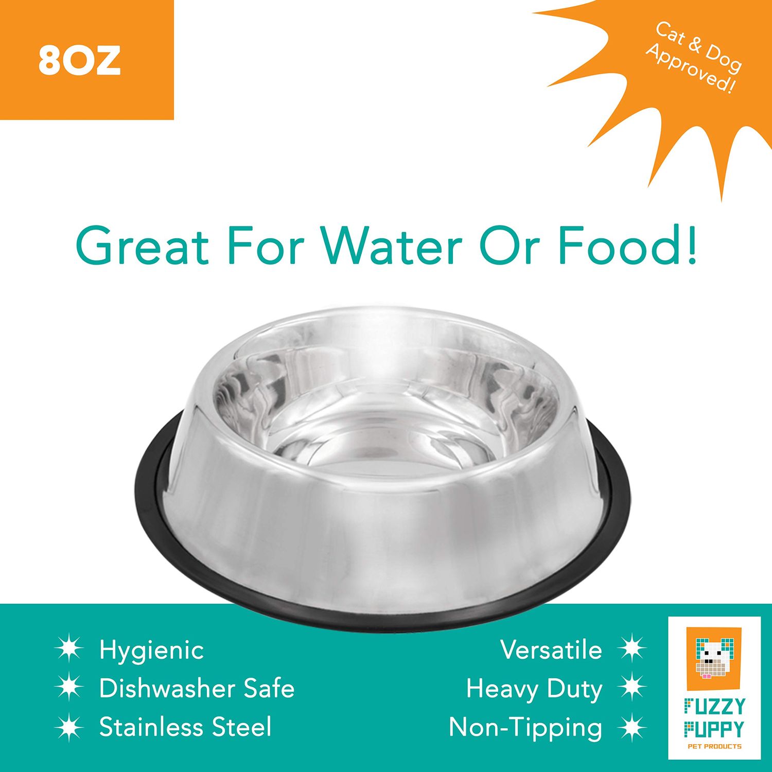 Fuzzy Puppy Pet Products Non-Tip Dog Bowl with Removable Rubber Ring, Won't Slip, Skid or Tip, Stainless Steel, Silver Metallic, 8oz (NOTD-8)