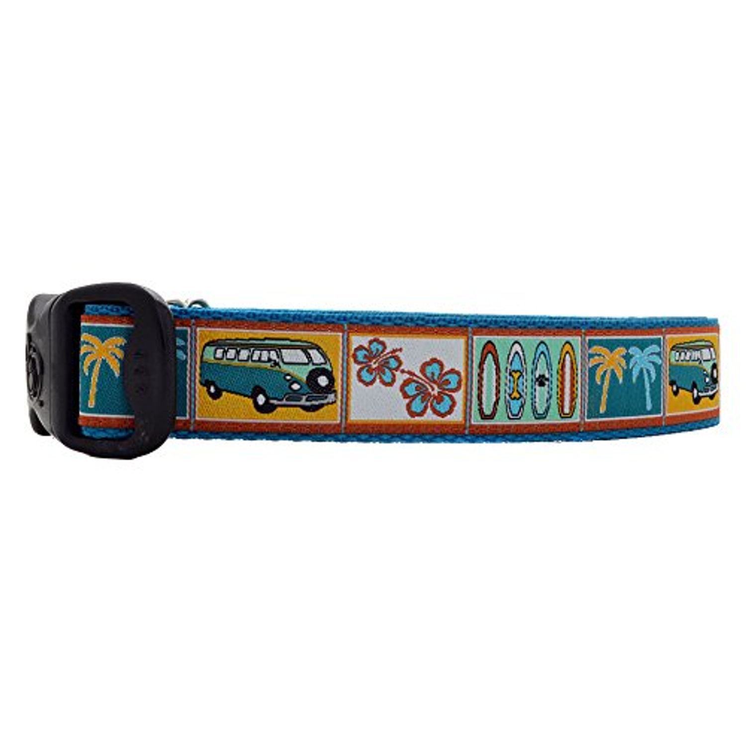 3 Dirty Dawgz Adjustable 1" Groovy Beach Surfing Summer Surfer Vans Surfboards Dog Collars for Medium Large and X-Large Dogs (Medium 14"- 22" Neck, Teal and Rust)