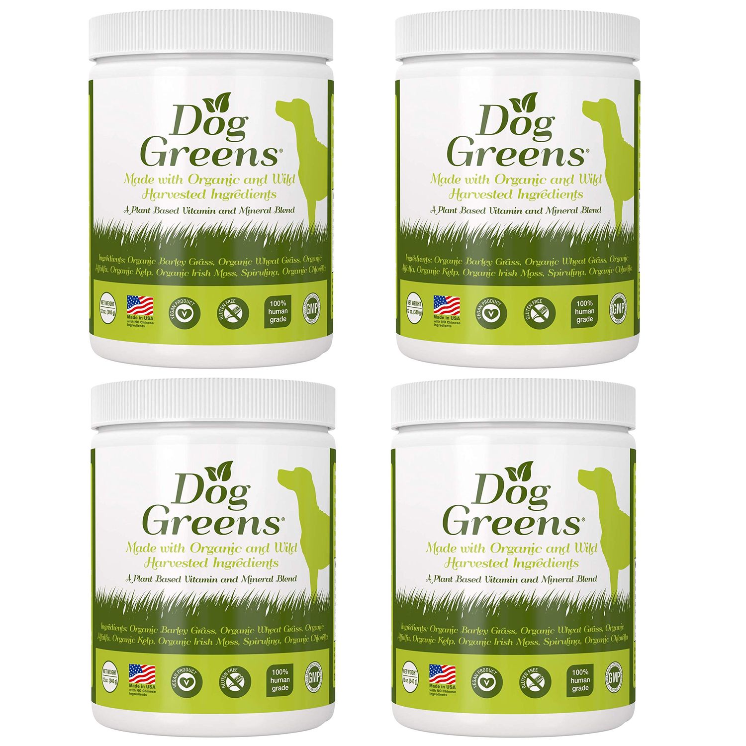 Dog Greens Organic Plant-Based Supplement for Skin, Coat, Digestive & Immune Health in Dogs (12 oz); Natural, Holistic and Vet Approved, Add to Dog Food, Homemade Dog Food, Raw Dog Food, Vegan, 4 Pack