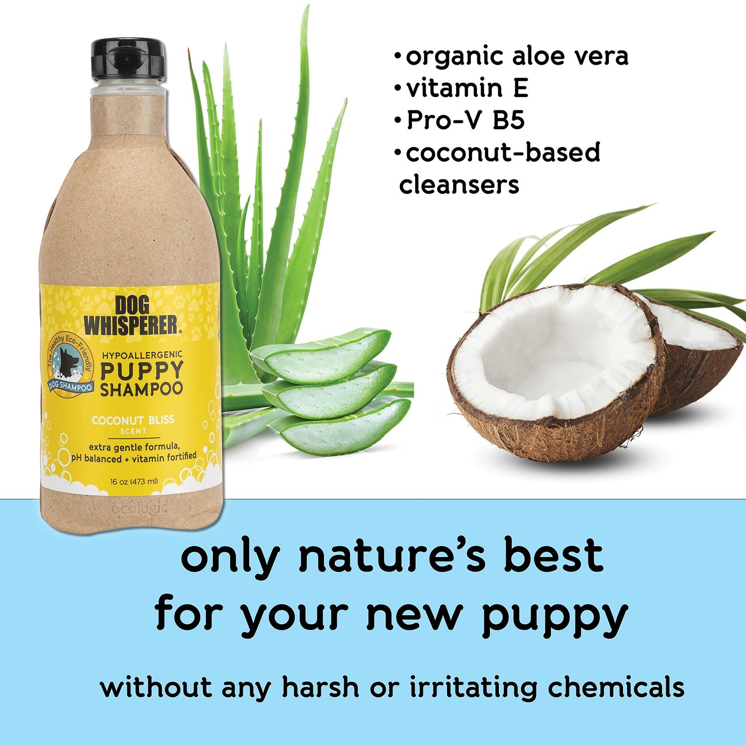 Dog Whisperer Hypoallergenic Puppy Shampoo by YAYA Organics | Gently Cleanses and Moisturizes with Organic Aloe Vera | Healthy + Eco-Friendly Formula with Coconut Bliss Scent | 16 oz