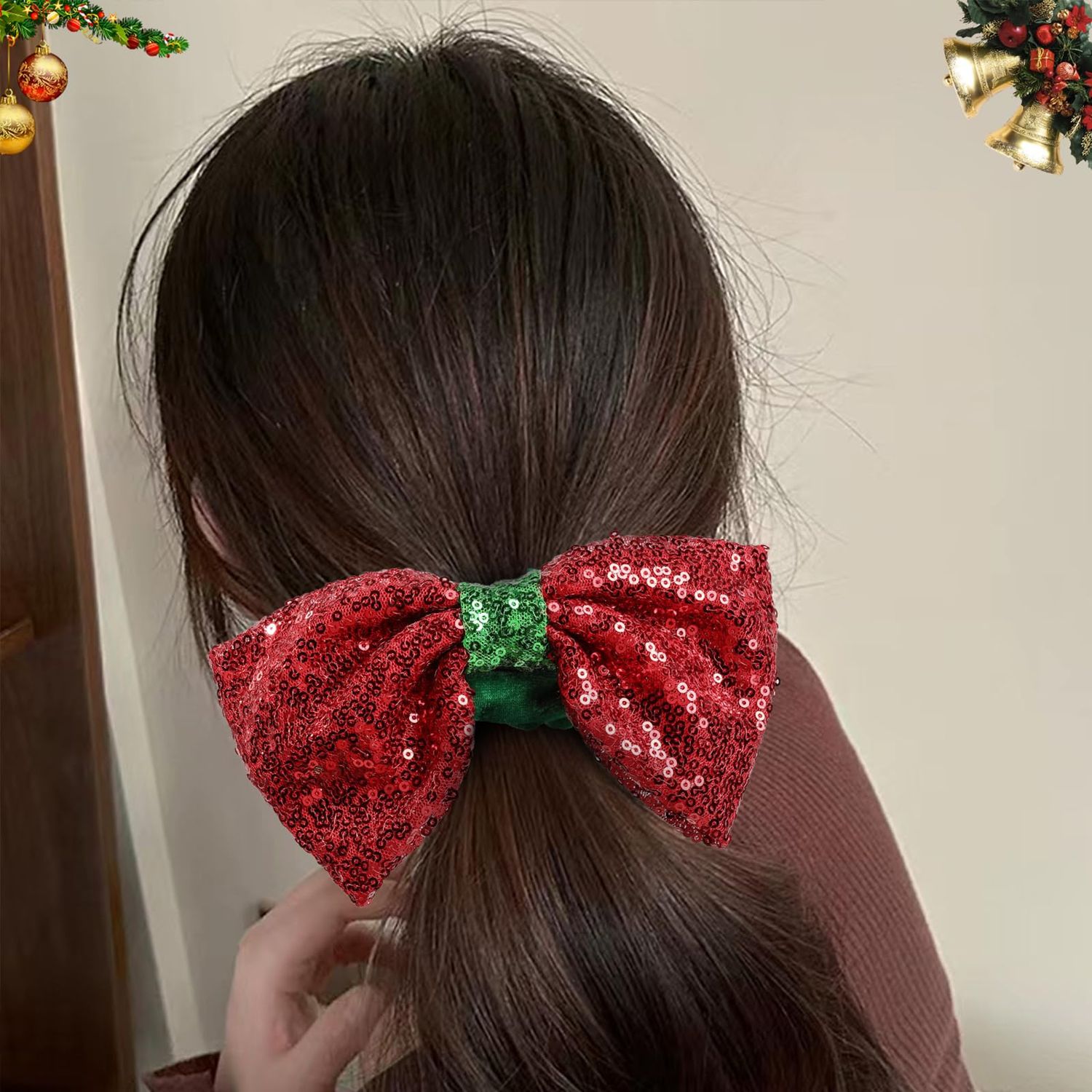 Christmas Bow Hair Scrunchies Sequins Bowknot Hair Ties Red Velvet Elastic Hair Band Ponytail Holder Xmas Hair Accessories for Women Girls