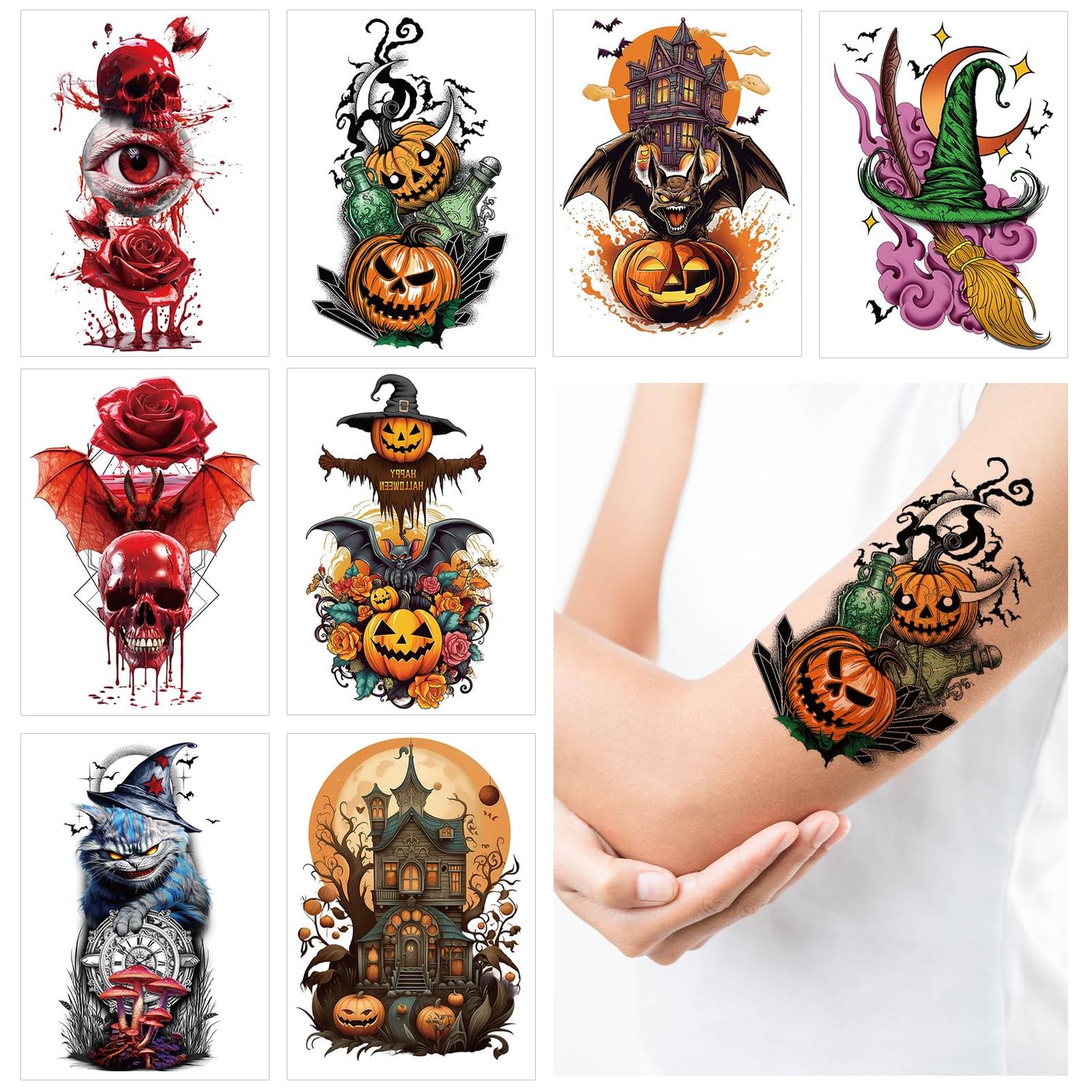 Halloween Arm Temporary Tattoos,8 Sheets Halloween Fake Tattoos Pumpkin Skull Bat Witch Cat Tattoo Stickers for Halloween Costumes Decorations Make Up Party Favors