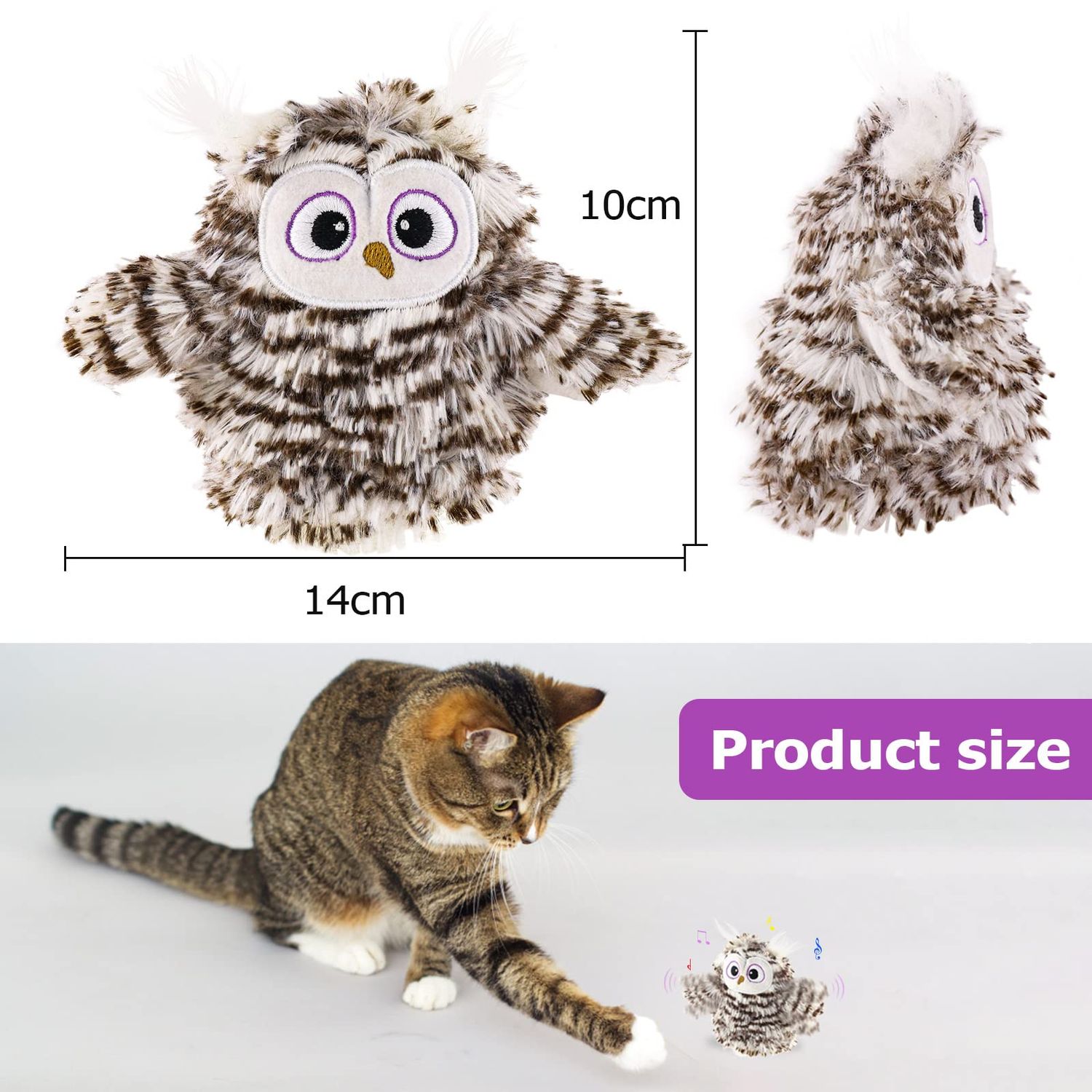Interactive Flapping Wings Owl Cat Toys,Bird Sound Catnip Toys for Cats,Rechargeable 3 Vibration Modes Indoor cat Toy,for Prevent Boredom