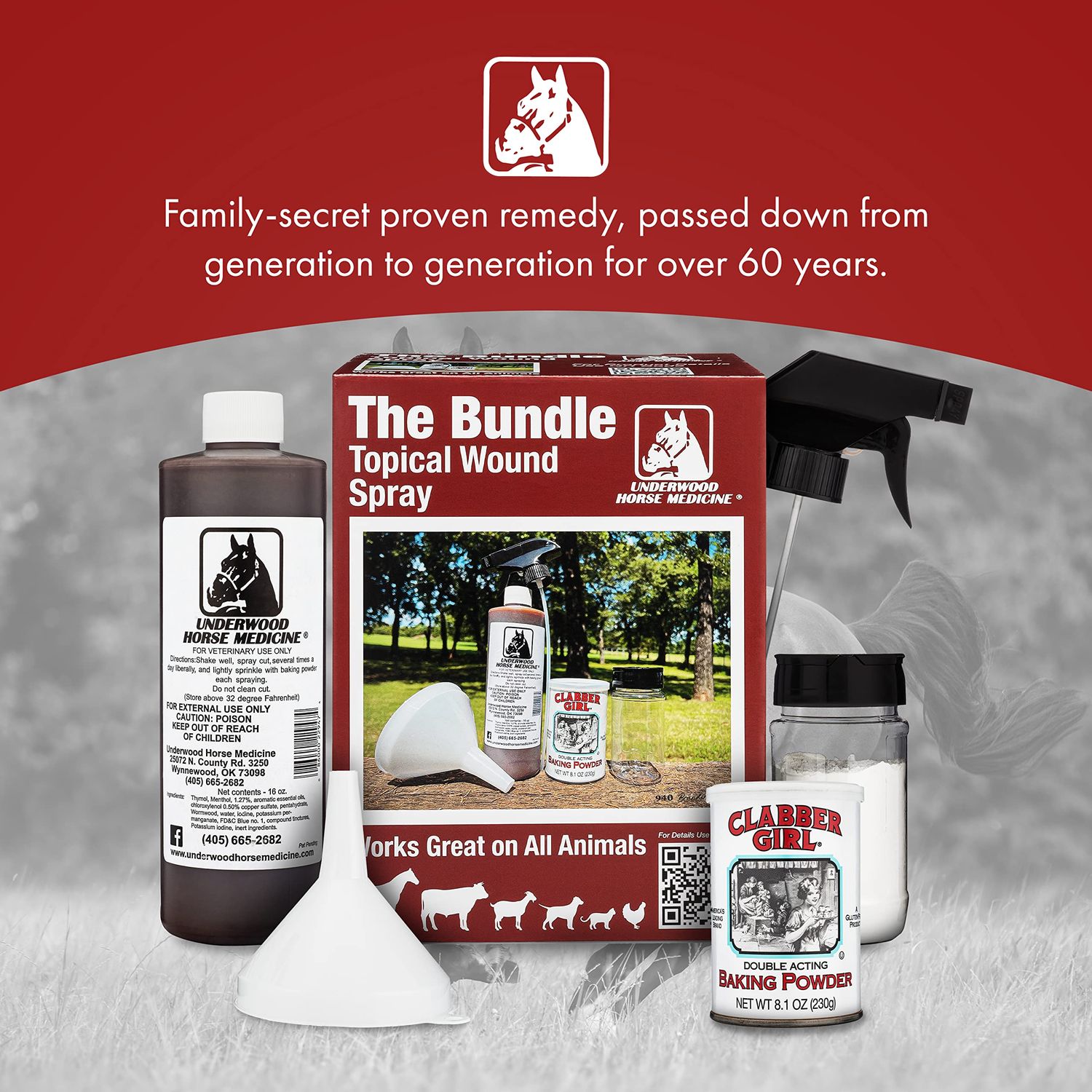 Topical Wound Spray Kit - 16 oz Refill Bottle w/Baking Powder, Funnel, Spray Trigger, & Shaker - Equine First Aid Kit Must-Have Antiseptic Spray for Wounds - Horse Wound Care for Equine & Animals