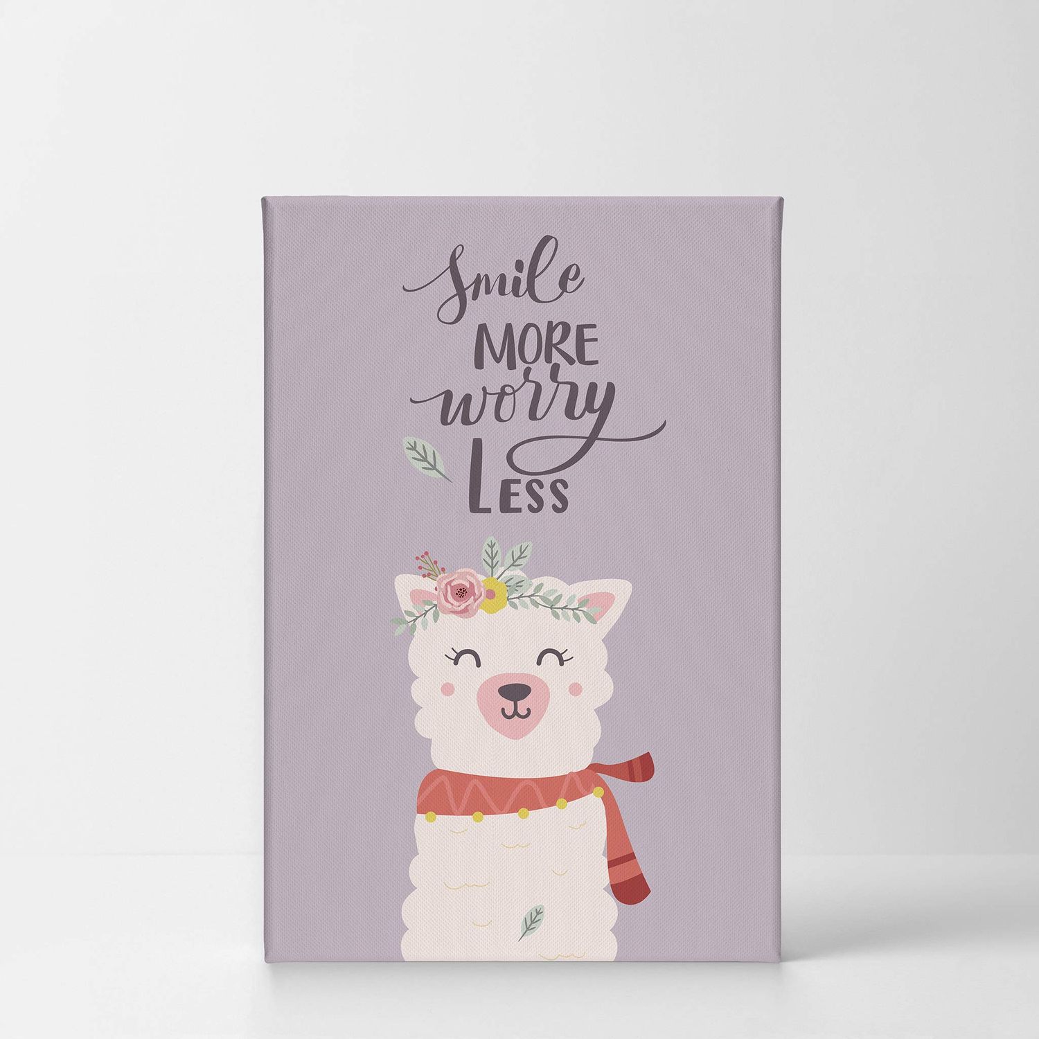 Smile Art Design Smile More Worry Less Cute Alpaca Purple Background Canvas Print Kids Room Decor Wall Art Baby Room Decor Kids Room Decor Nursery Decor Ready to Hang Made in The USA 36x24
