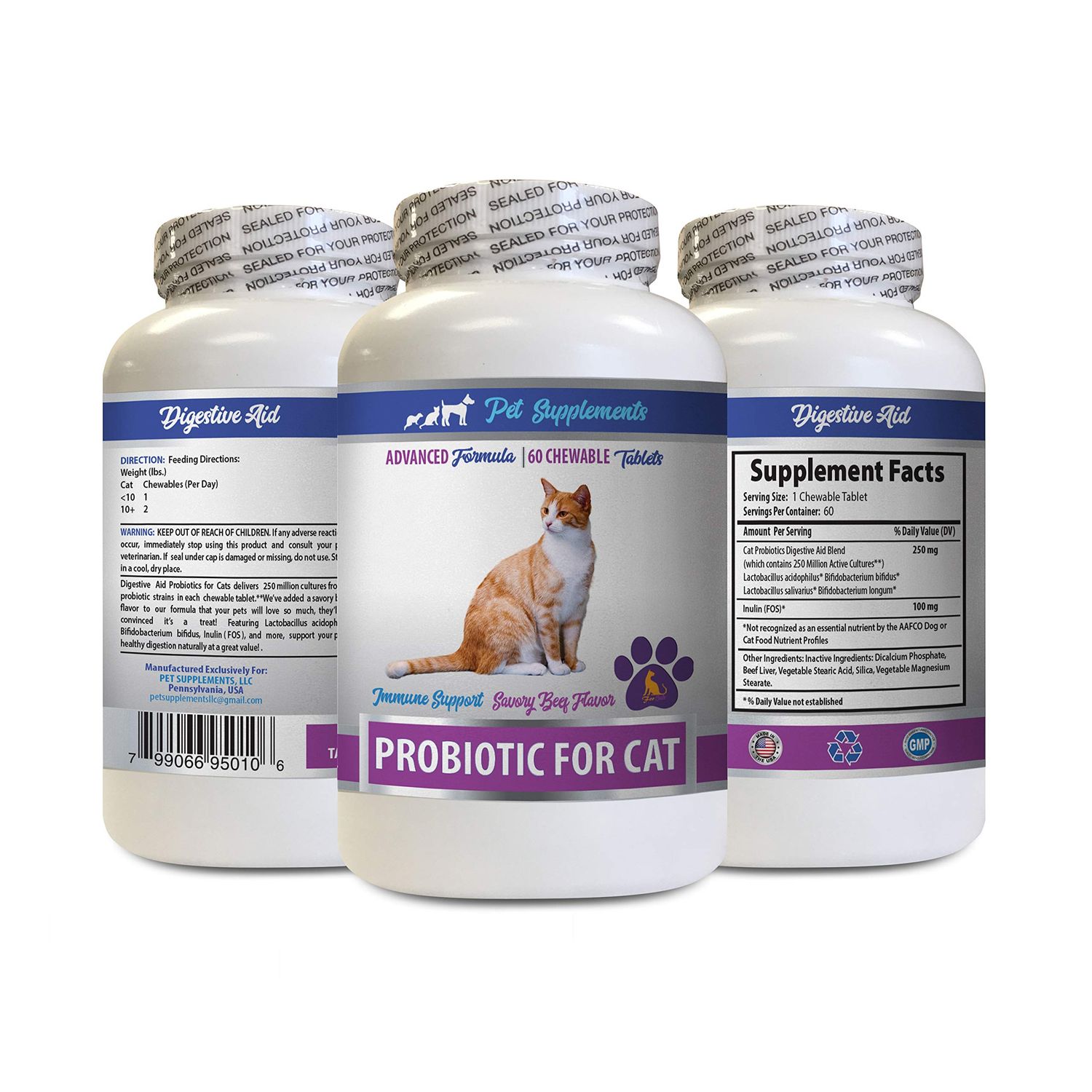 PET SUPPLEMENTS cat Digestive Support - CAT PROBIOTICS - Immune Support - Savory Beef Flavor - Natural Formula - cat probiotics enzymes - 1 Bottle (60 Treats)