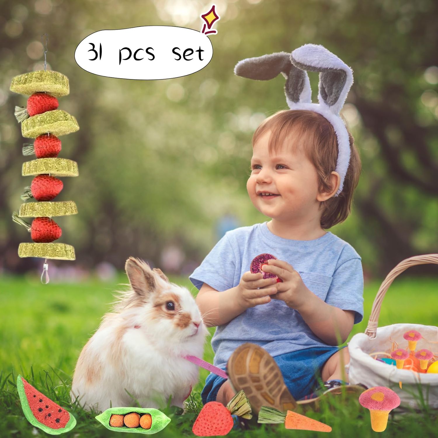 Bskllrgo 31 Pcs Small Pet Chew Toys for Dental Health - Natural Apple Wood, Timothy Grass Sticks & Sweet Bamboo, Teeth Grinding Toys for Rabbits, Guinea Pigs, Hamsters, Chinchillas Cage Accessories