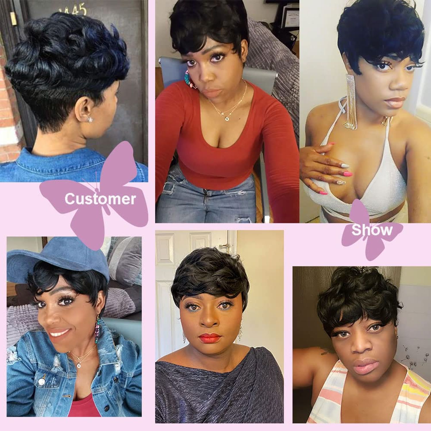 MOONSHOW Short Curly Wigs for Black Women Pixie Cut Wig Black Short Pixie Wigs for Black Women Pixie Cut Curly Wig with Bangs Black Pixie Wigs for Women Synthetic Pixie Wigs for Black Women