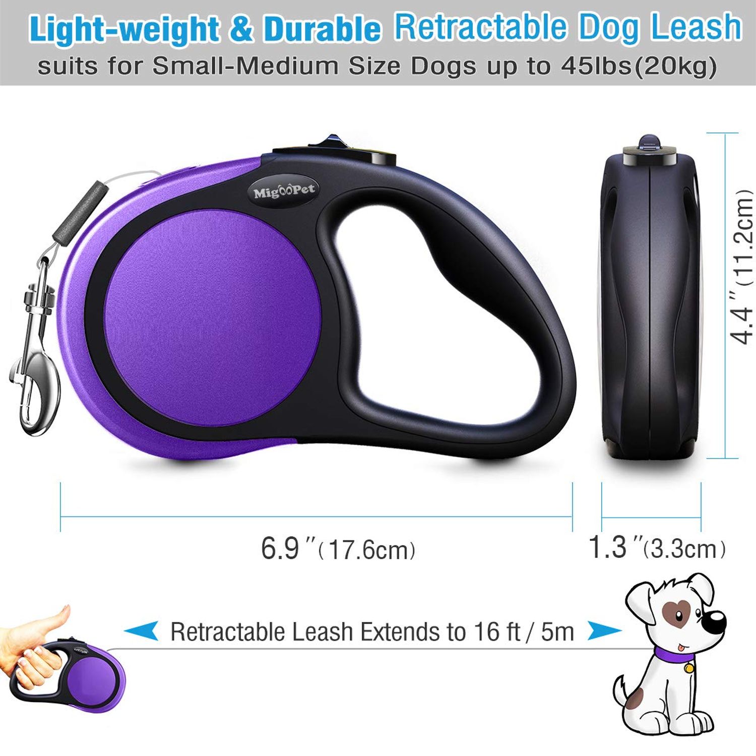 Heavy Duty Retractable Dog Leash-16ft Strong & Durable Walking Leash for S to L Dogs up to 45/115 lbs, Upgraded Lock System, Non Slip Grip, Tangle Free (Small/Medium, Purple)
