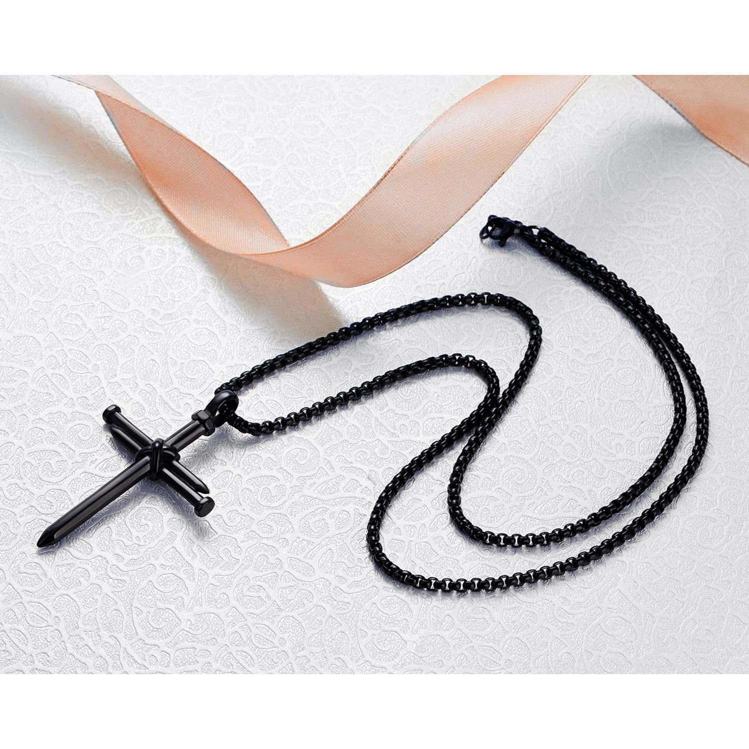 Rehoboth Men's Stainless Steel Nail Cross Pendant Necklace for Boys Womens Mens With 24 Inch Chain Polished Black