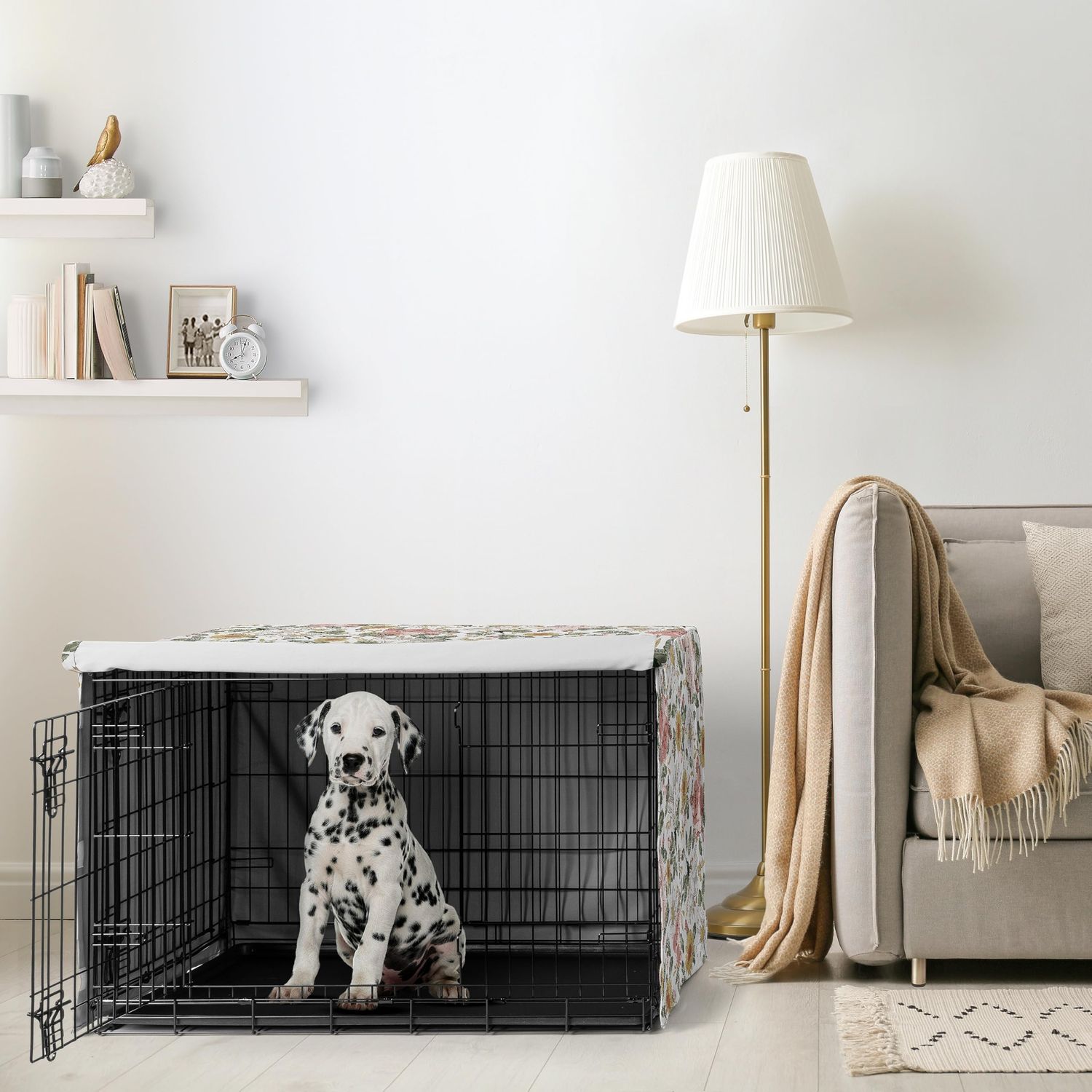 Sweet Jojo Designs Vintage Floral Boho Girl Dog Crate Cover – Kennel Covers for 36 Inch Pet Cage Medium - Blush Pink Yellow and Green Bohemian Shabby Chic Rose Flower Farmhouse White