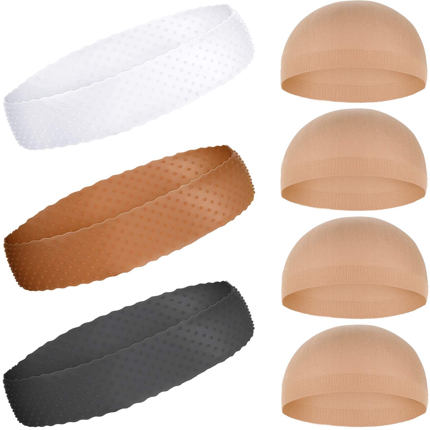 WILLBOND 3 Pieces Silicone Wig Grip Headband, 3 Pieces Nylon Wig Caps - Transparent, Dark Brown, Black - For Women Unisex Non Slip Wig Bands Sports Yoga Lace Front Wig