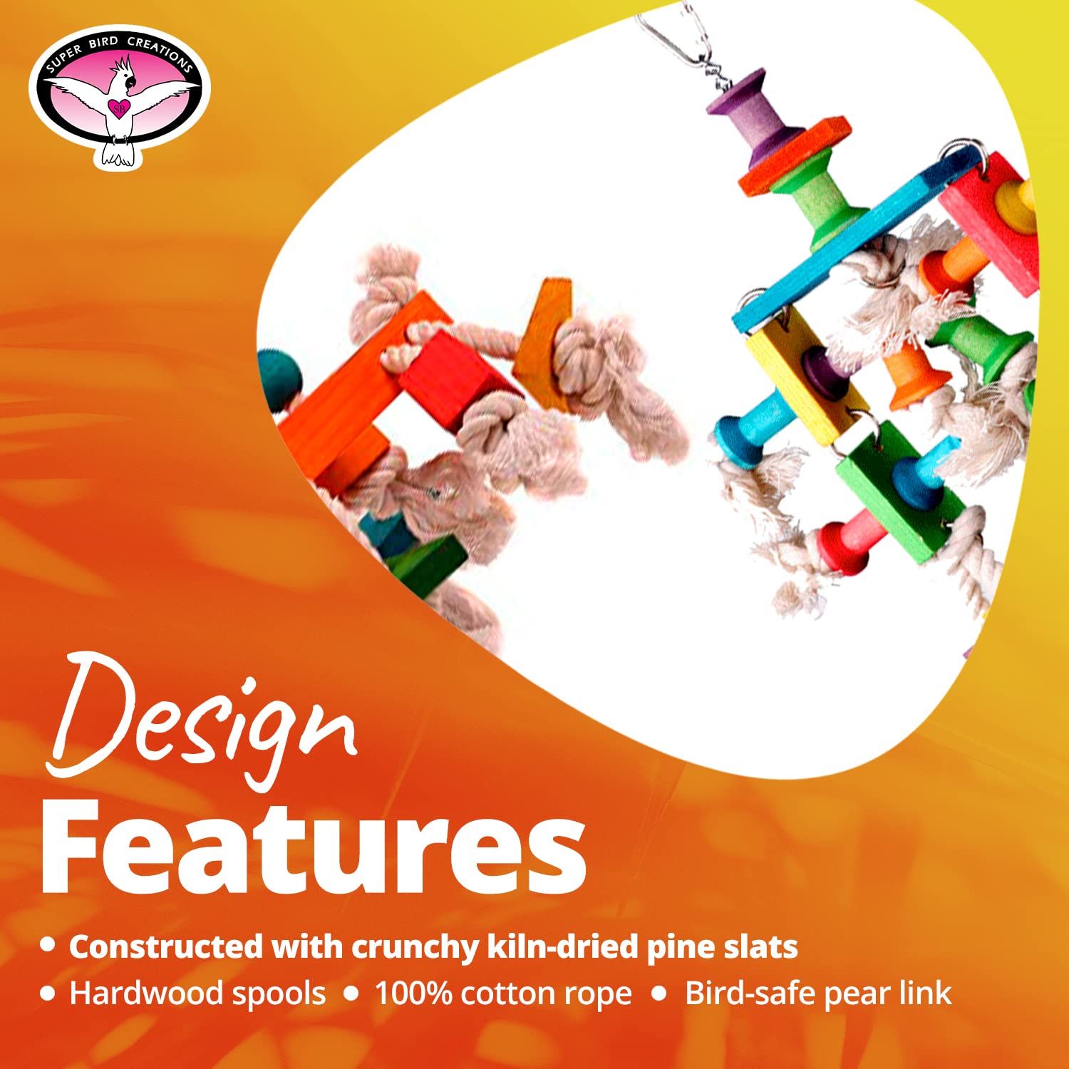 Super Bird Creations SB468 Dancing Spools Bird Toy with Colorful Wooden Spools and Cotton Rope - Ideal for Ringnecks, Parrots, Quakers - Preening and Chewing Toy - Medium Bird Size - 13" x 8" x 2"