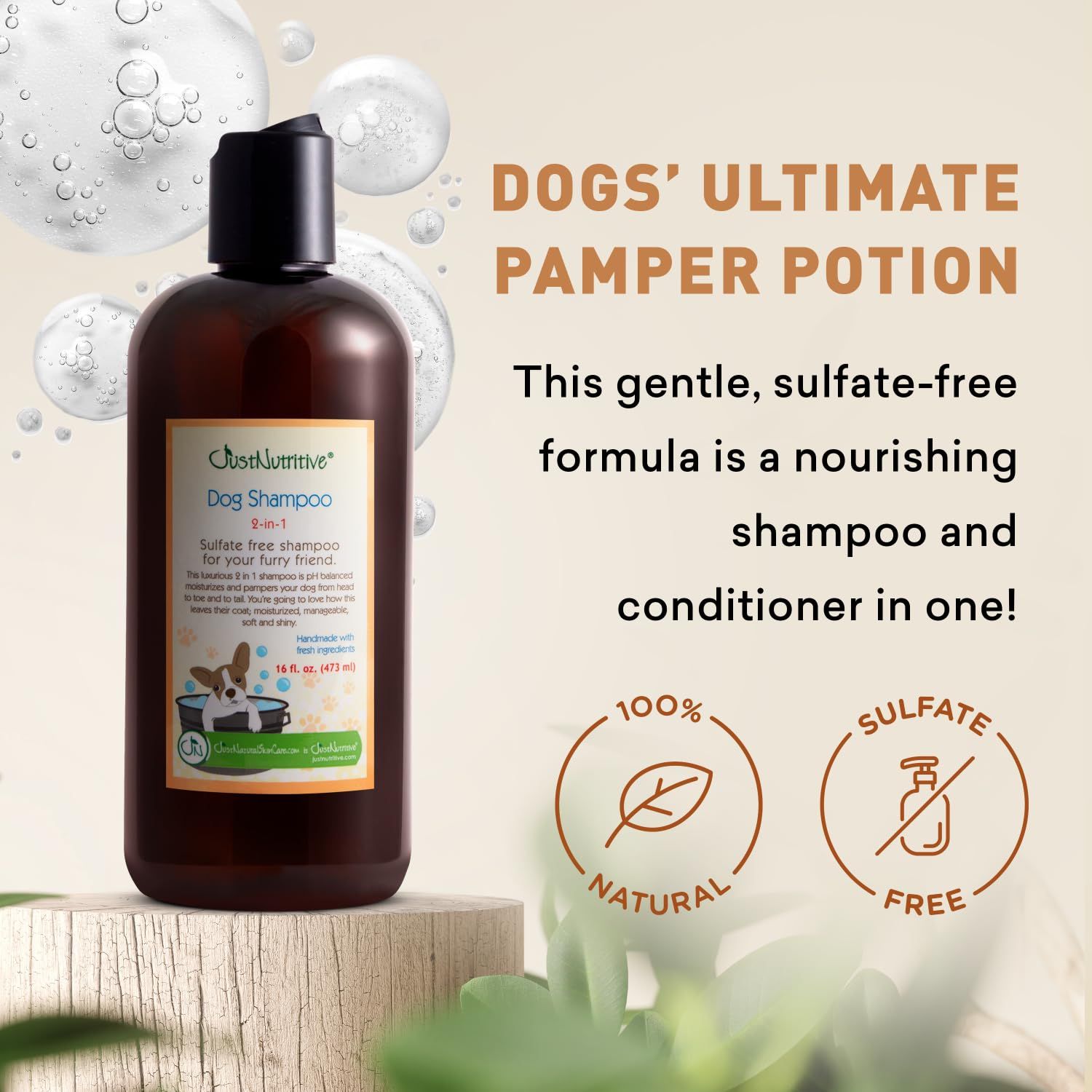 Dog Shampoo 2-in-1 | All Natural Dog Shampoo and Conditioner | for All Fur & Skin Types | Cleans, Conditions, & Detangles for The Healthy Fur | Just Nutritive | 16 Fl Oz
