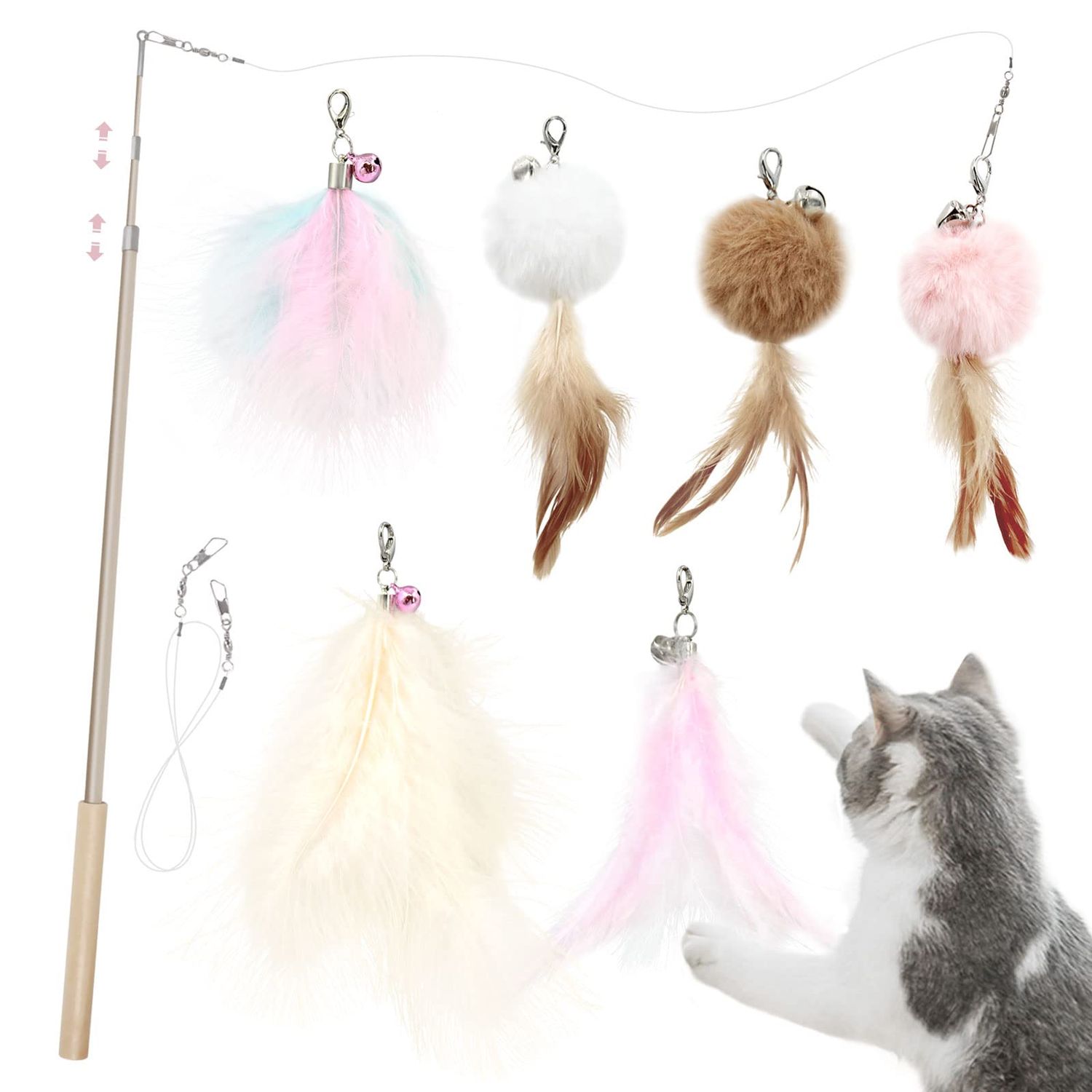 SONGWAY Cat Interactive Feather Toys - 7 PCS Cat Toys Set for Indoor Cats, Retractable Cat Wand Toy, Cat Feather Toys with Bell,Replaceable Cat Feather Tail Toy, Kitten Toy Gift, Pink