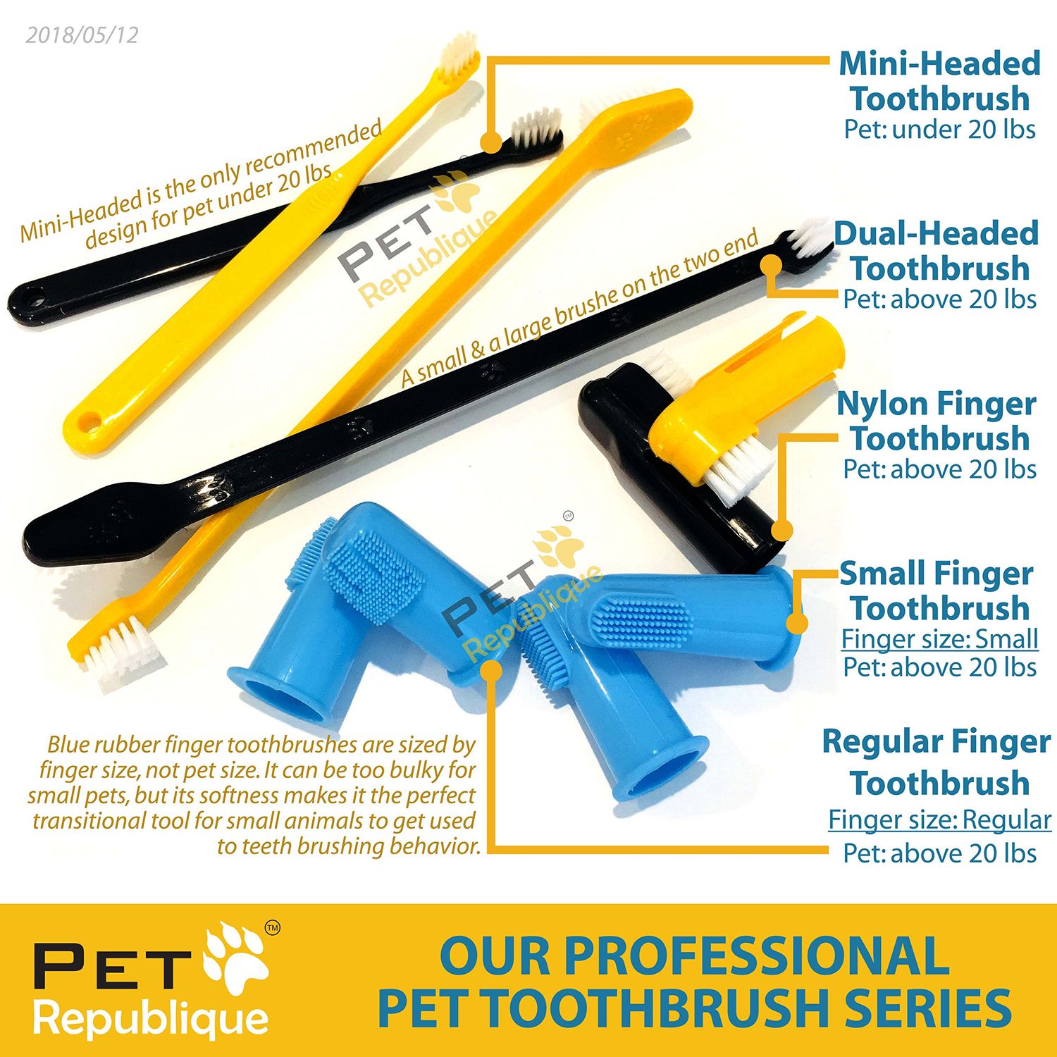 Pet Republique Dog Toothbrush Set of 6 – Dual Headed Dental Hygiene Brushes for Small to Large Dogs, Cats, and Most Pets
